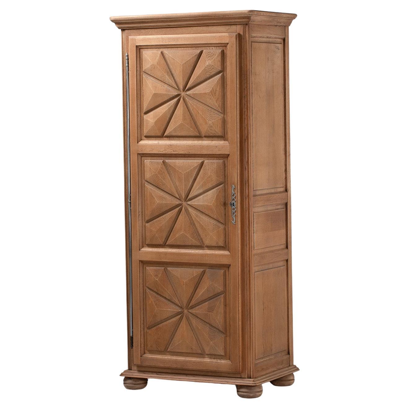 French Provincial Oak Armoire, Hand-Carved, Mid-Century