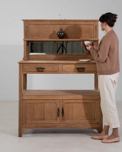 French Provincial Oak Server with Glass, Antique Craftsmanship, 1930s