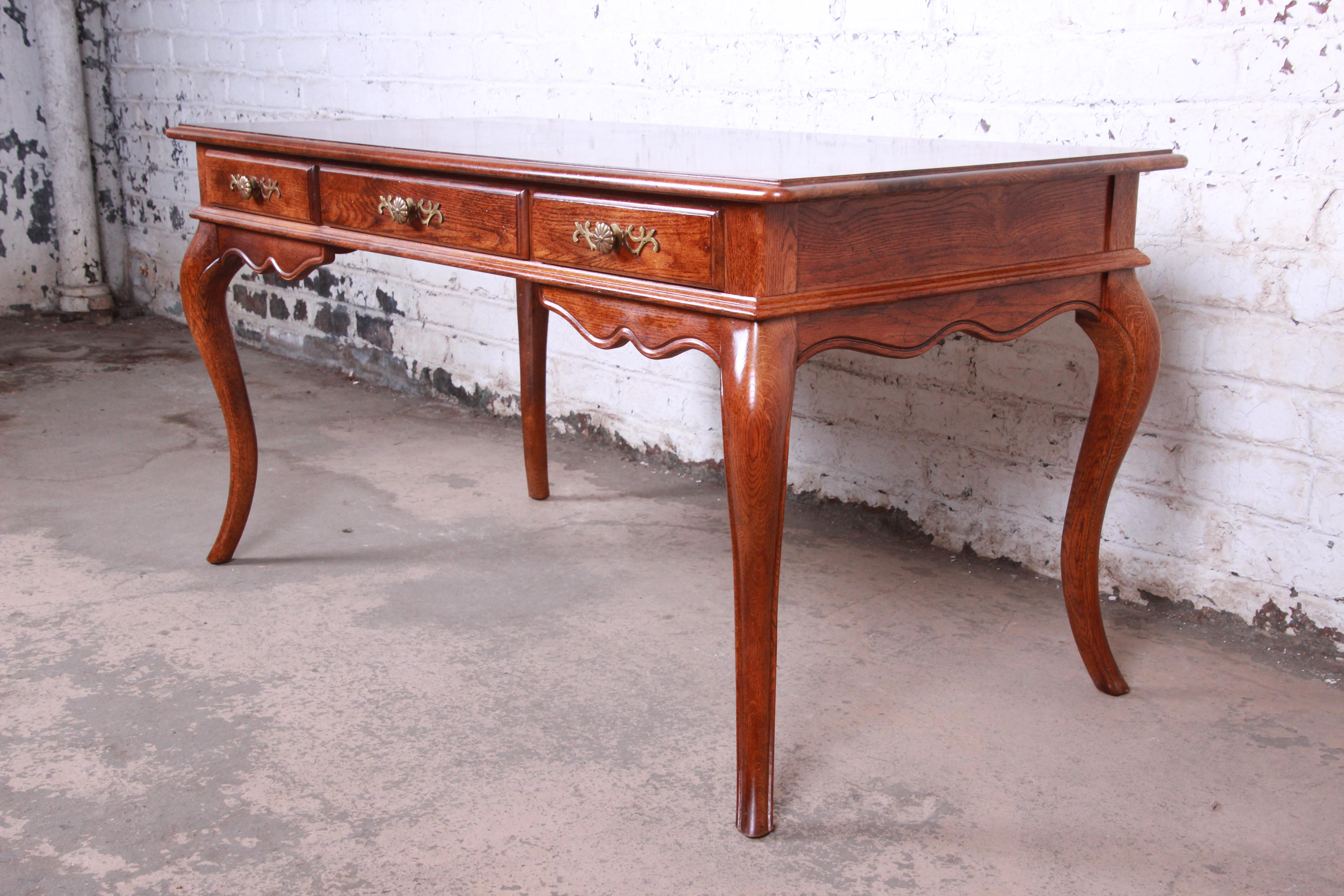 Brass French Provincial Oak Writing Desk and Chair by Hickory