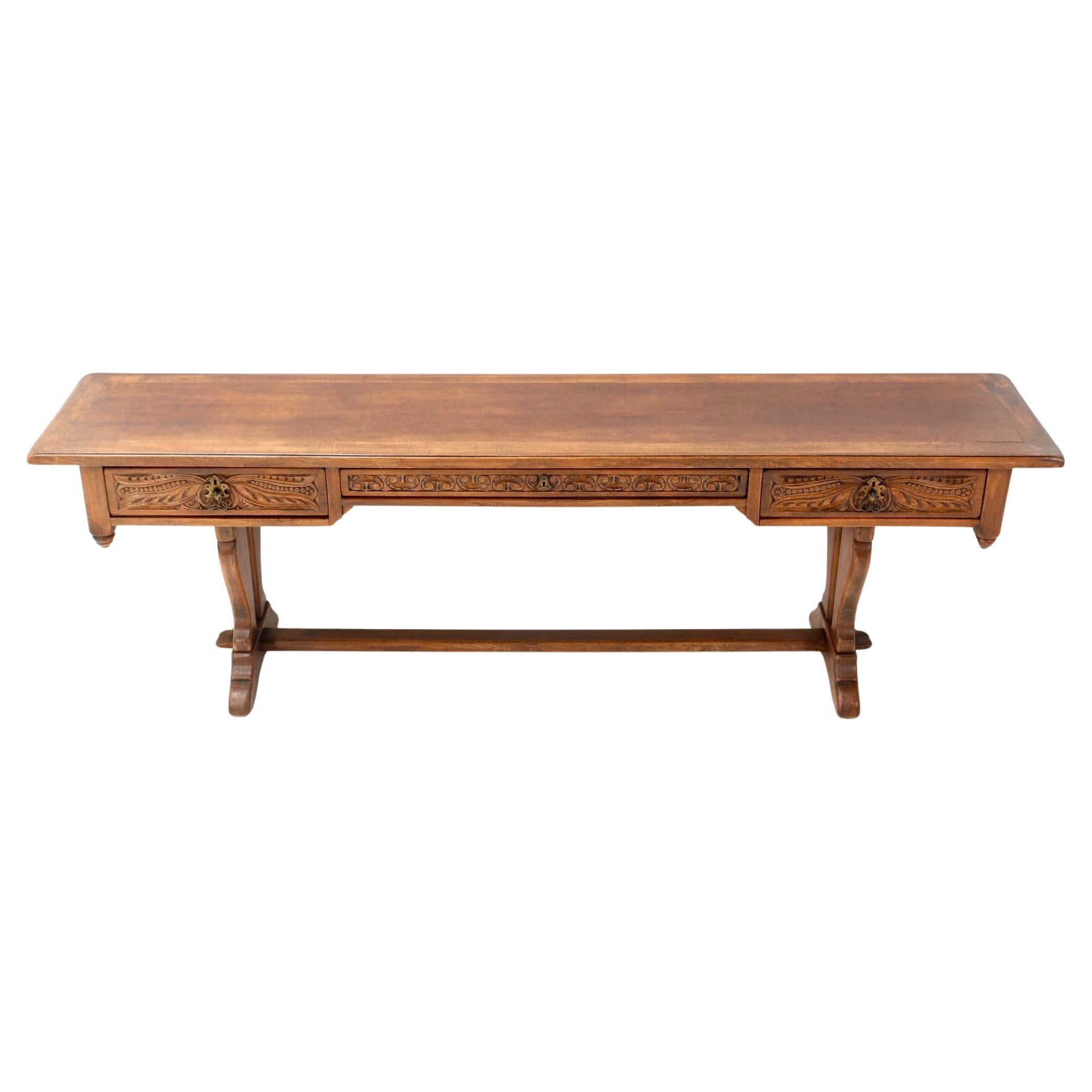 French Provincial Oak XL Refectory Console Table with Drawers, 1950s ...