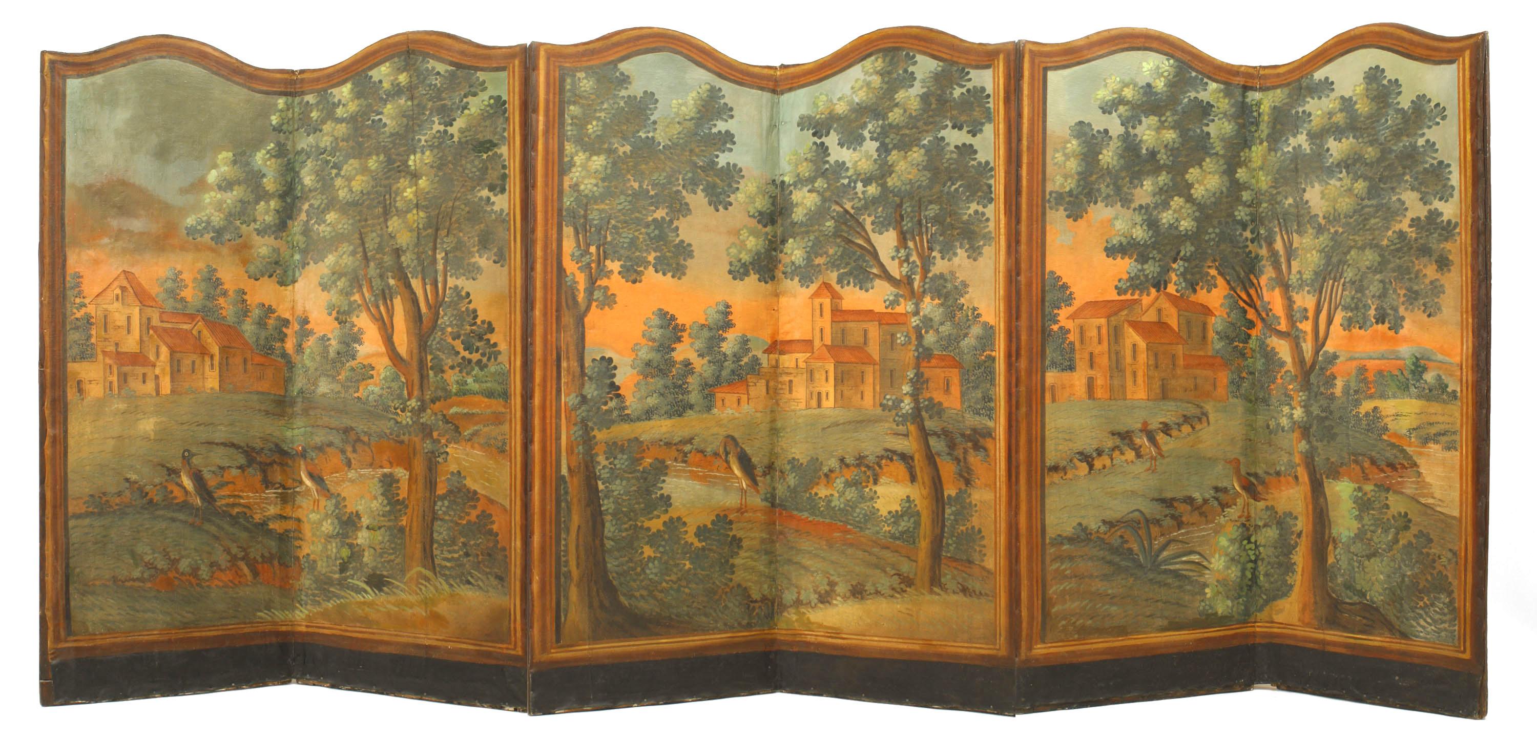 French Provincial (18th century) 6 fold screen with painted scenes of rustic countryside with farm house.
    
