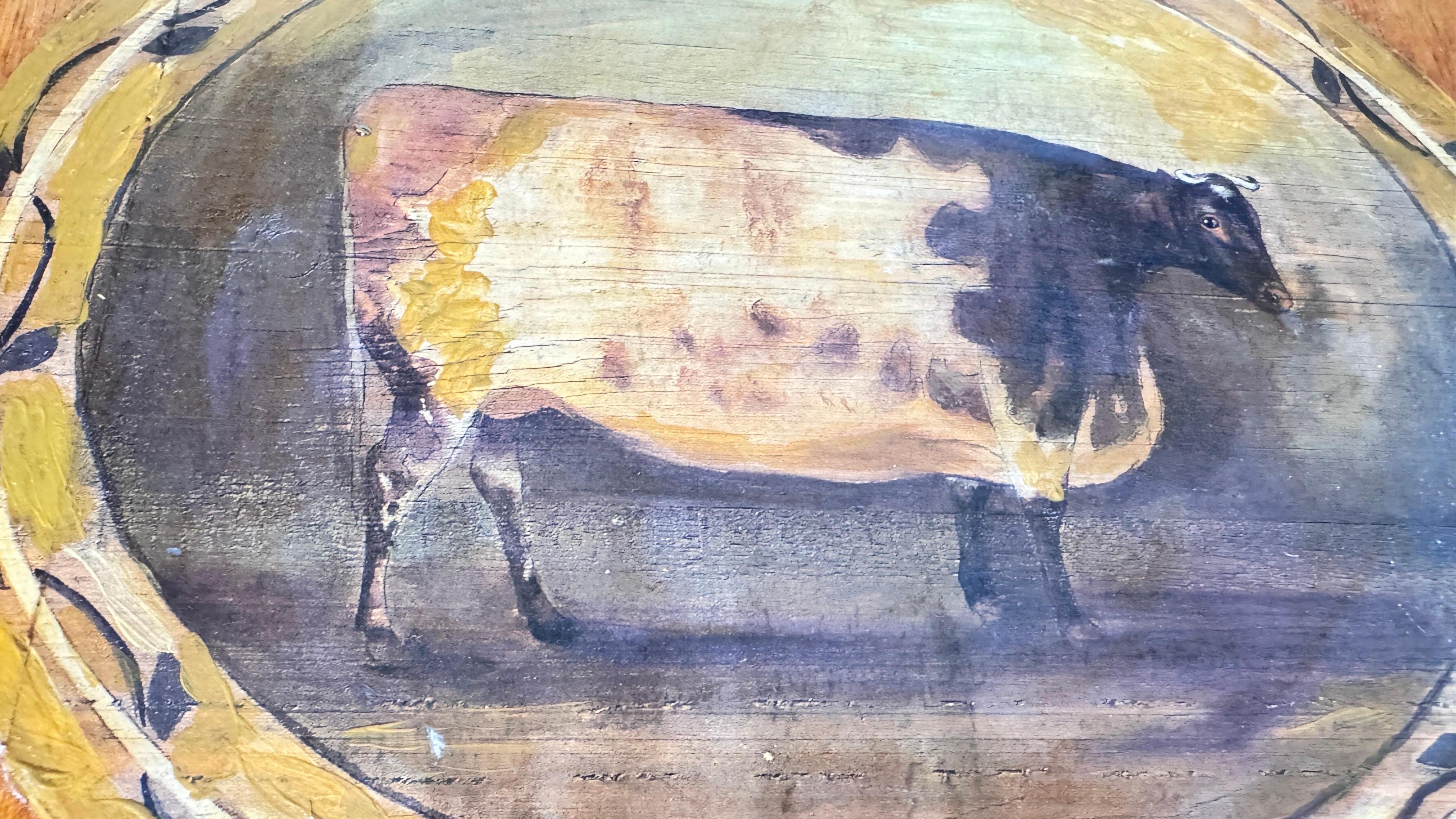 Pintura Provincial Francesa de una Vaca sobre Panel de Madera, Decoración Rústica de Chalet en Bueno estado para la venta en Auribeau sur Siagne, FR