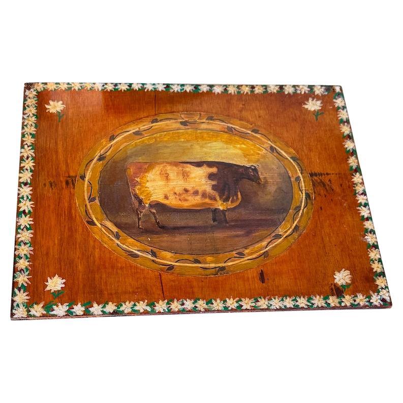 Pintura Provincial Francesa de una Vaca sobre Panel de Madera, Decoración Rústica de Chalet en venta