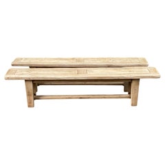 French Provincial Pair of Farmhouse Benches, Stripped Oak, 1950s