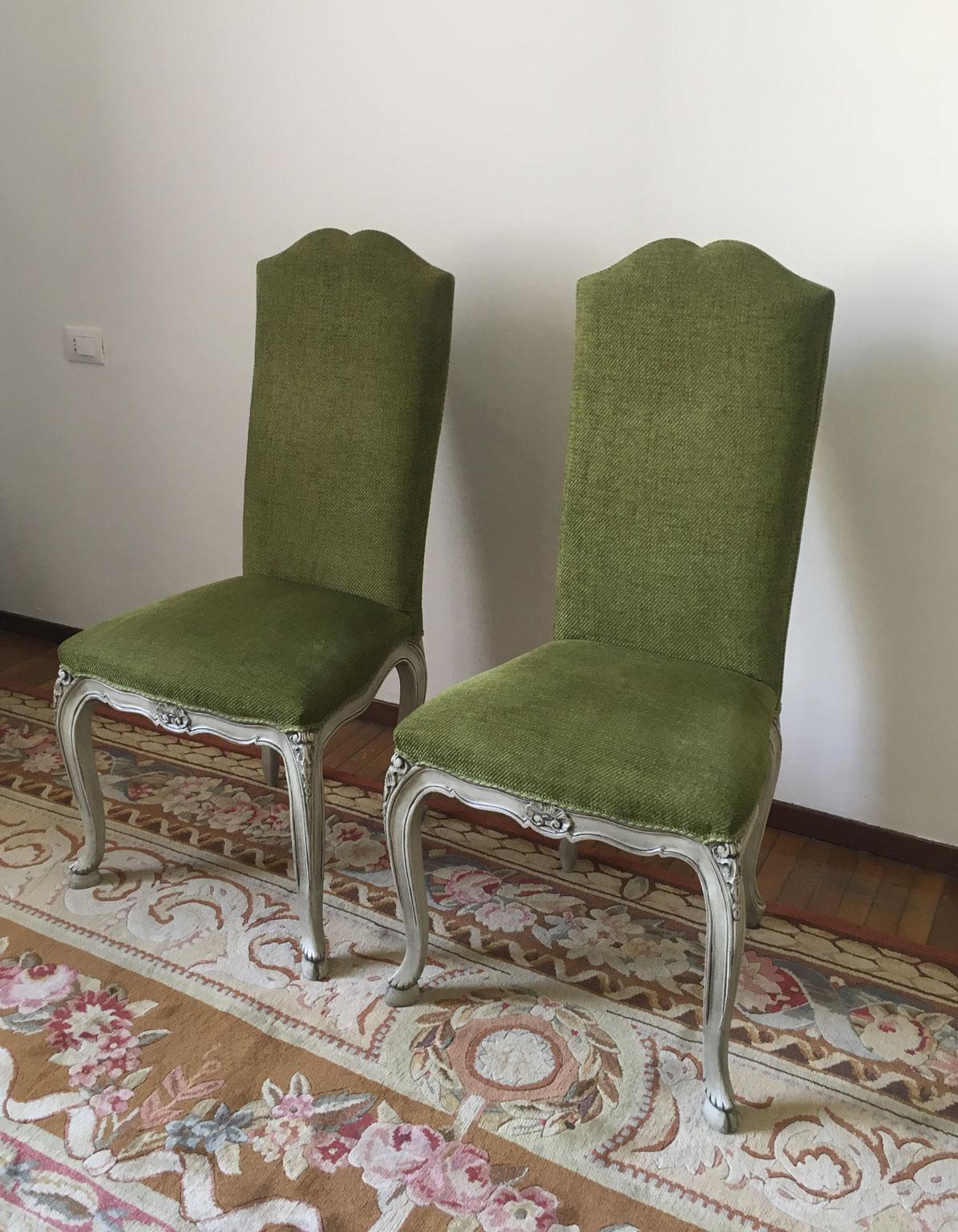 French Provincial Pair Green Fabric Upholstered Chairs For Sale 4