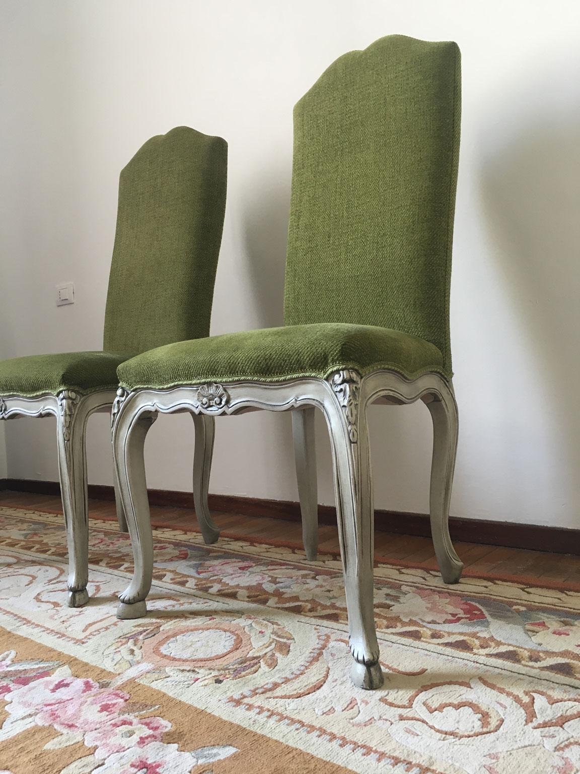 French Provincial Pair Green Fabric Upholstered Chairs For Sale 5