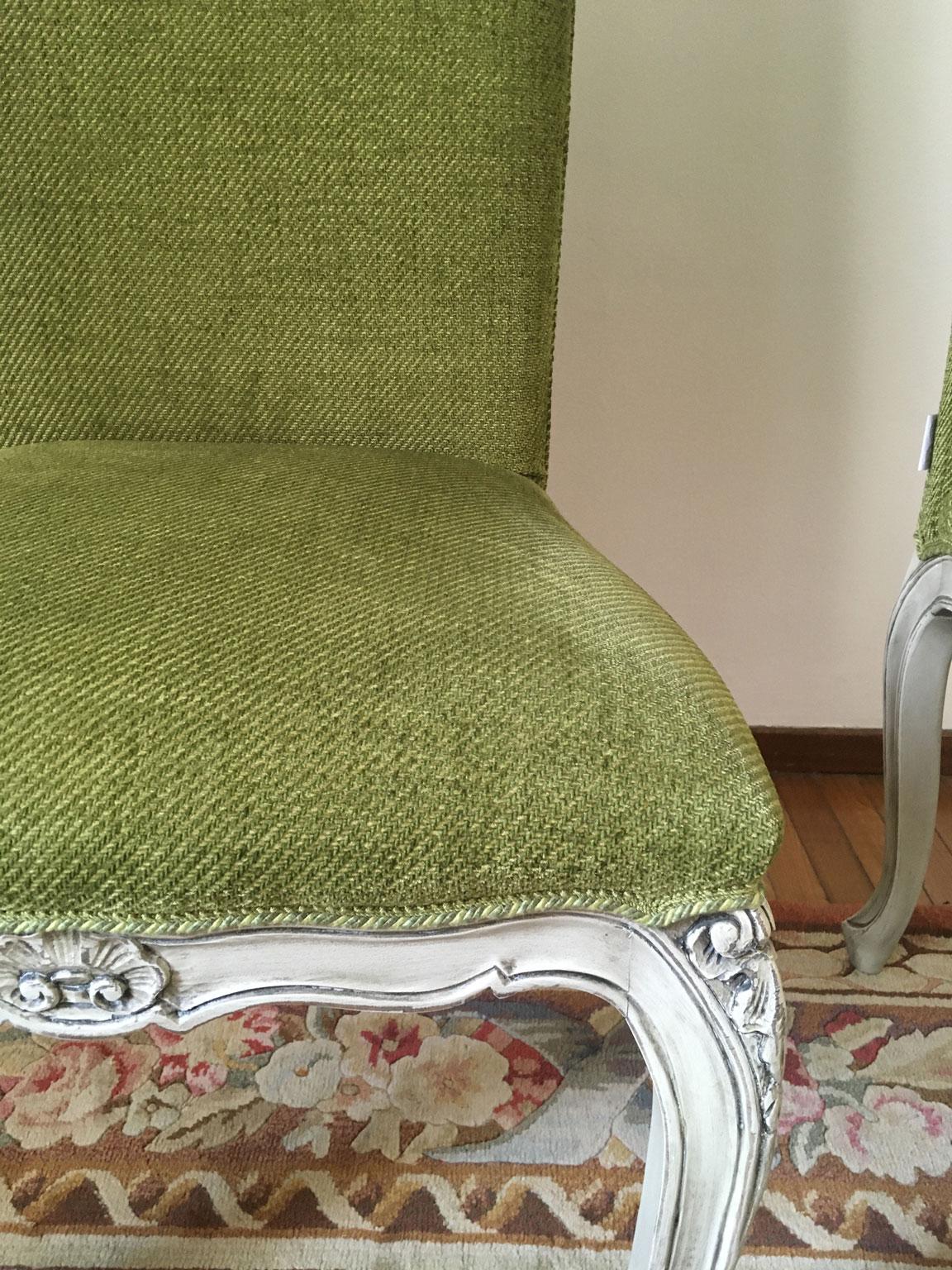 French Provincial Pair Green Fabric Upholstered Chairs For Sale 2