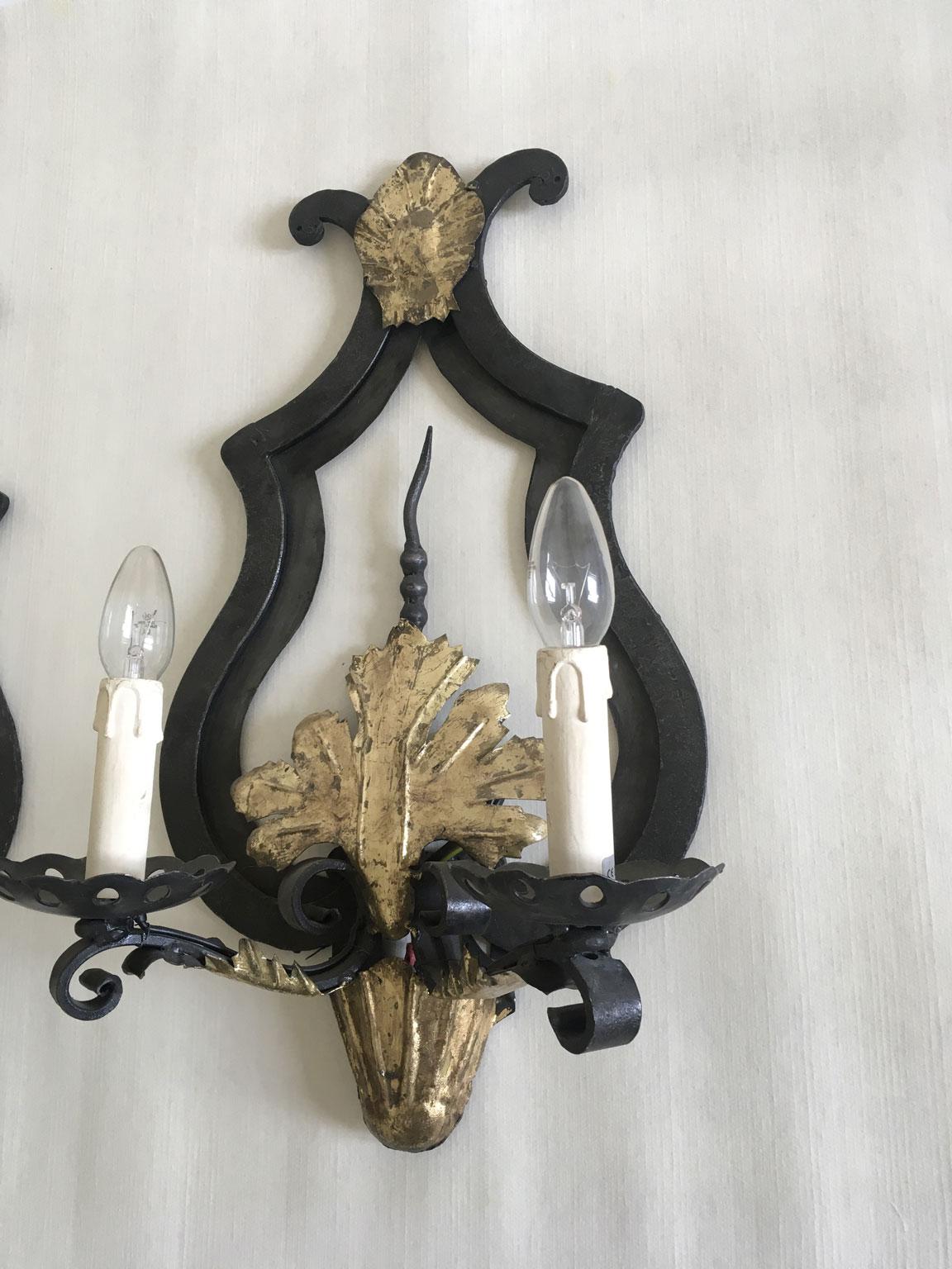 French Provincial Pair Wrought Iron Wall Lights For Sale 3