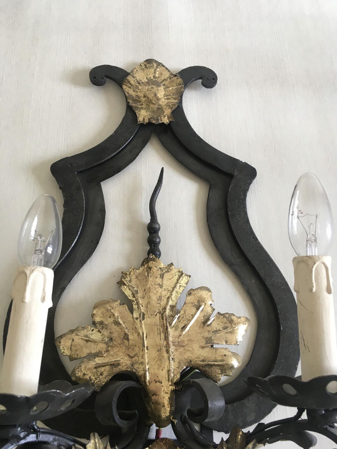 French Provincial Pair Wrought Iron Wall Lights For Sale 5