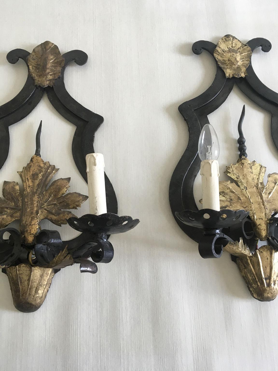 French Provincial Pair Wrought Iron Wall Lights For Sale 11