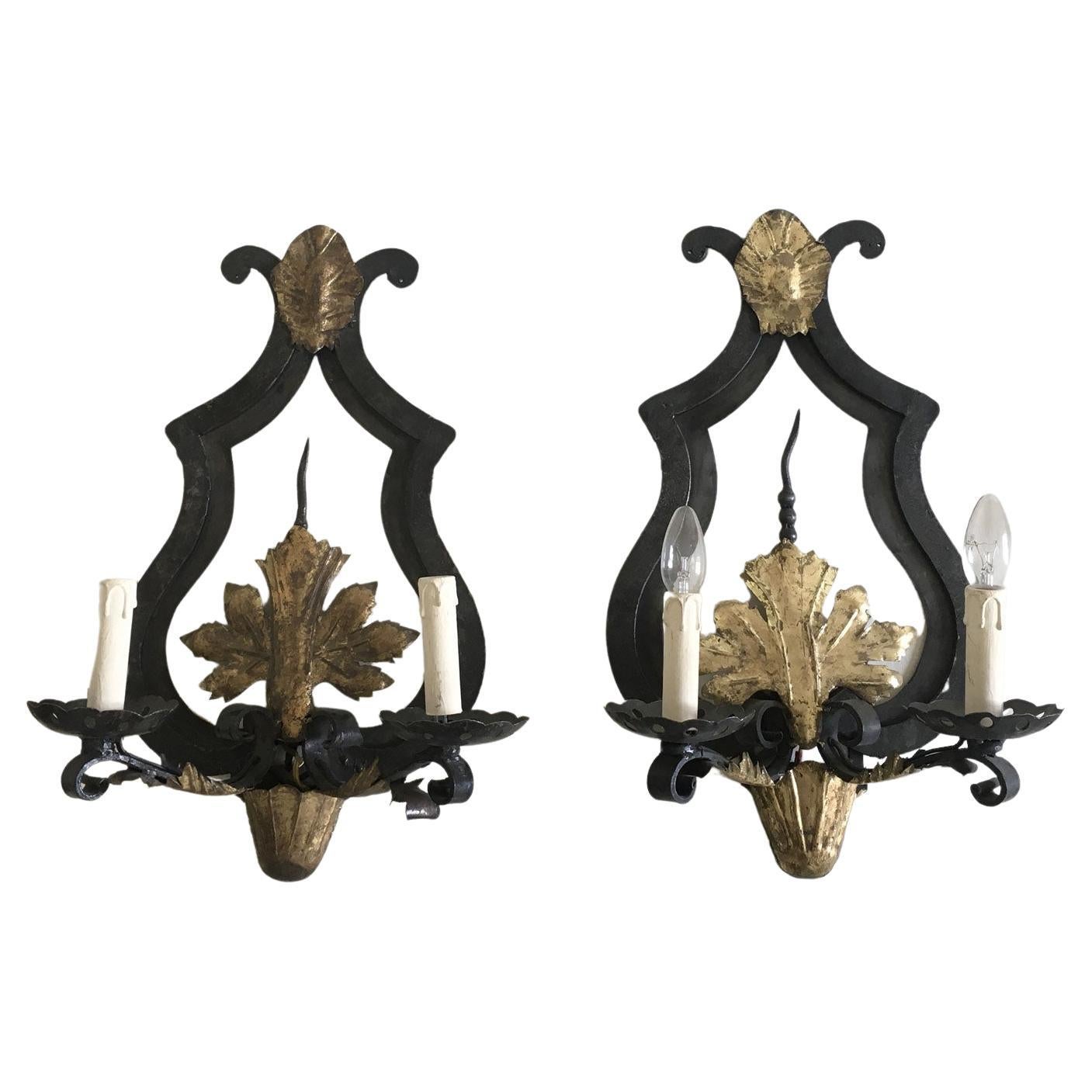 French Provincial Pair Wrought Iron Wall Lights For Sale