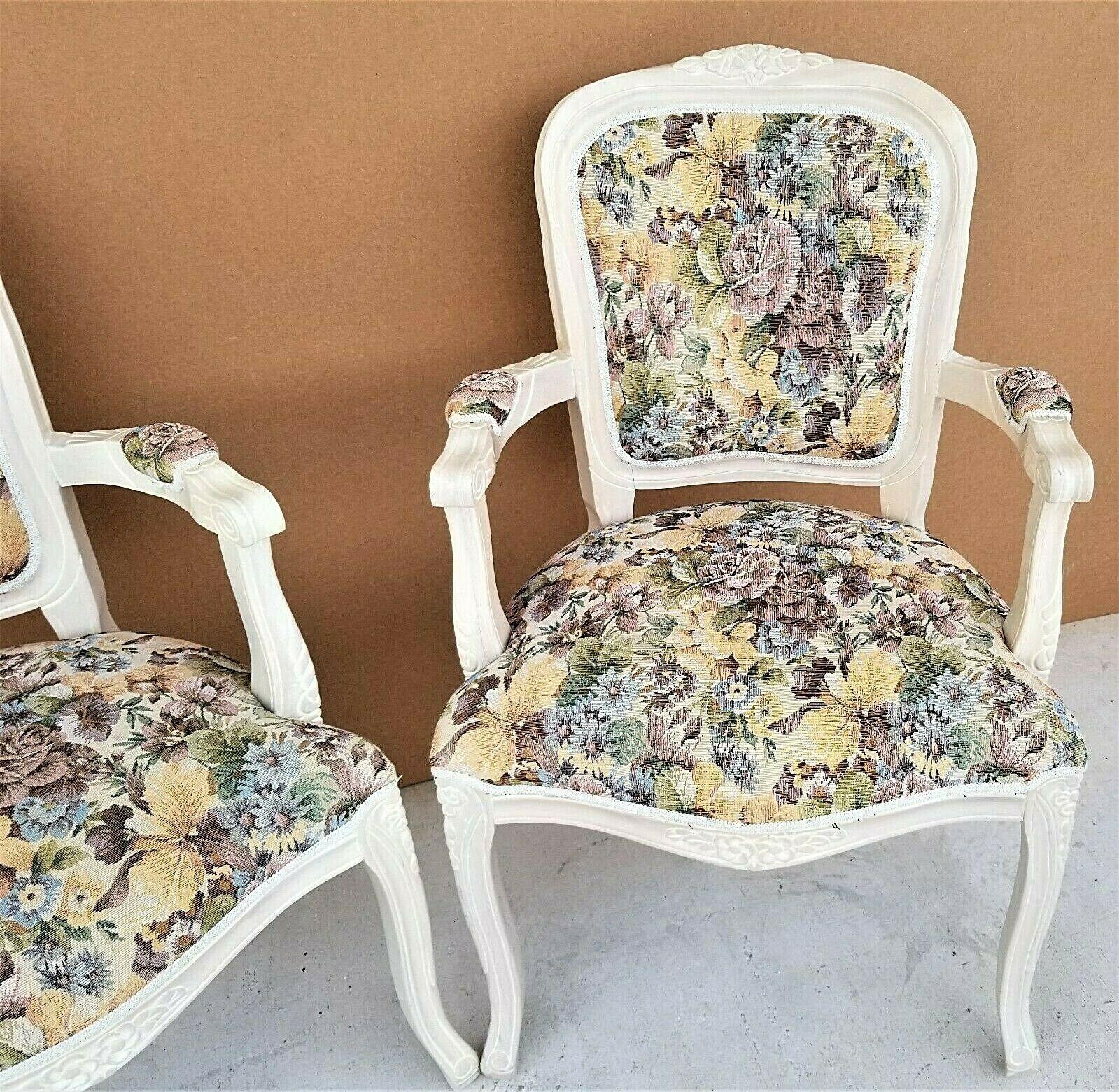 French Provincial Pearled Fauteuil Floral Tapestry Armchairs In Good Condition For Sale In Lake Worth, FL
