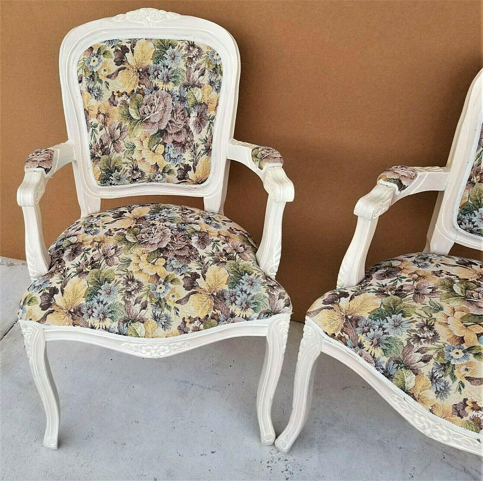 Late 20th Century French Provincial Pearled Fauteuil Floral Tapestry Armchairs For Sale