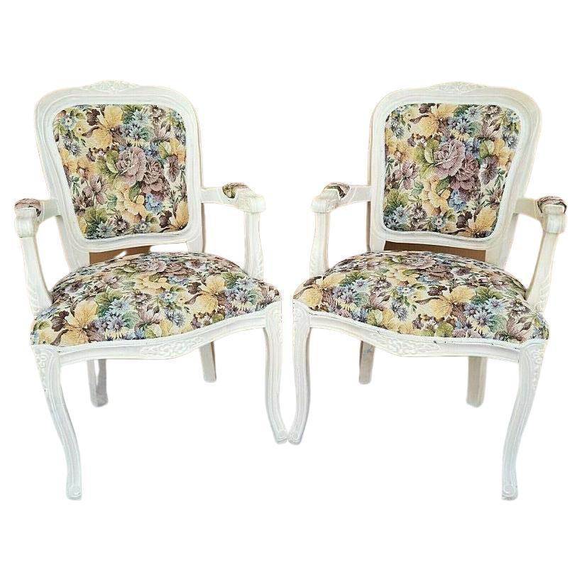 French Provincial Pearled Fauteuil Floral Tapestry Armchairs For Sale