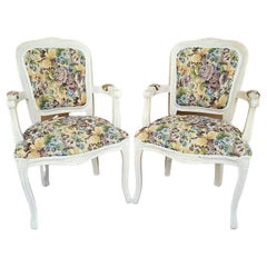 Retro French Provincial Pearled Fauteuil Floral Tapestry Armchairs