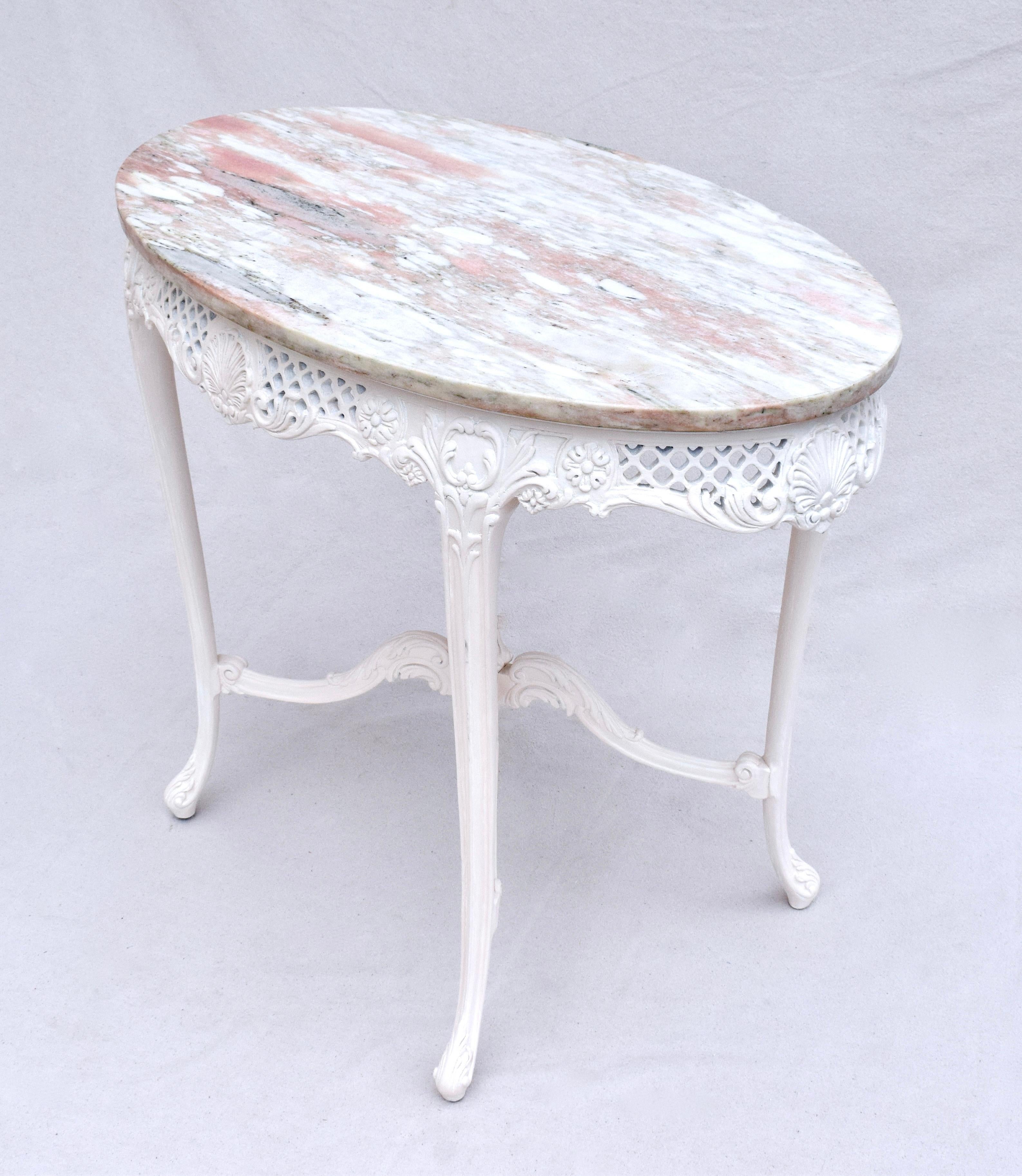 Painted French Provincial  Pink Arabescato Marble Top Table