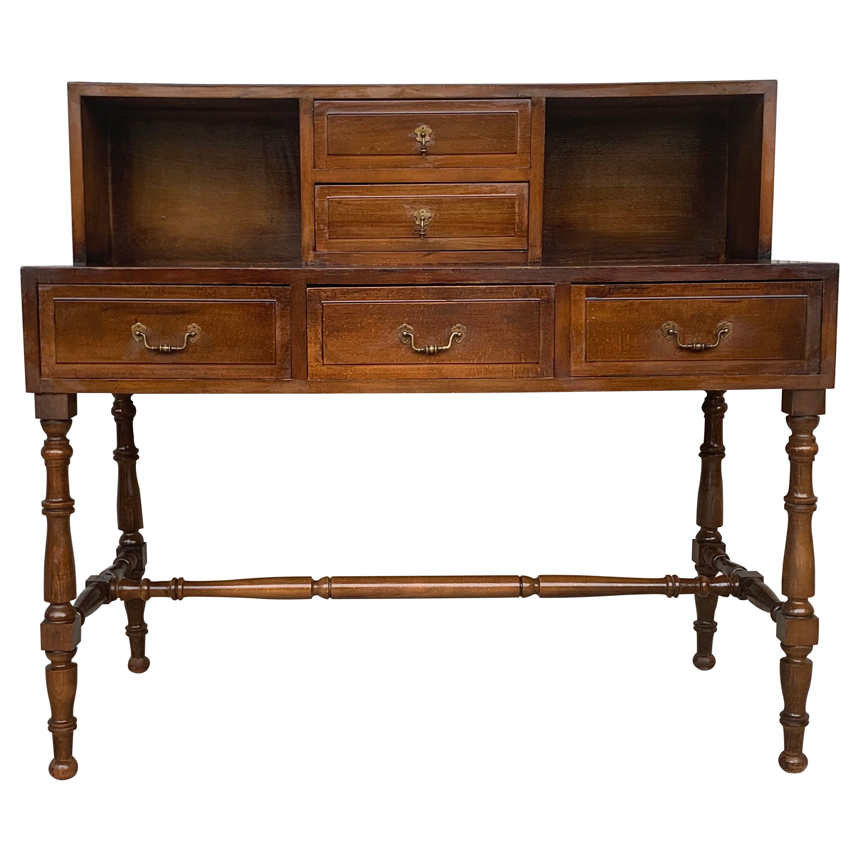French Provincial Plantation Style Walnut Secretary Desk with Shelves
