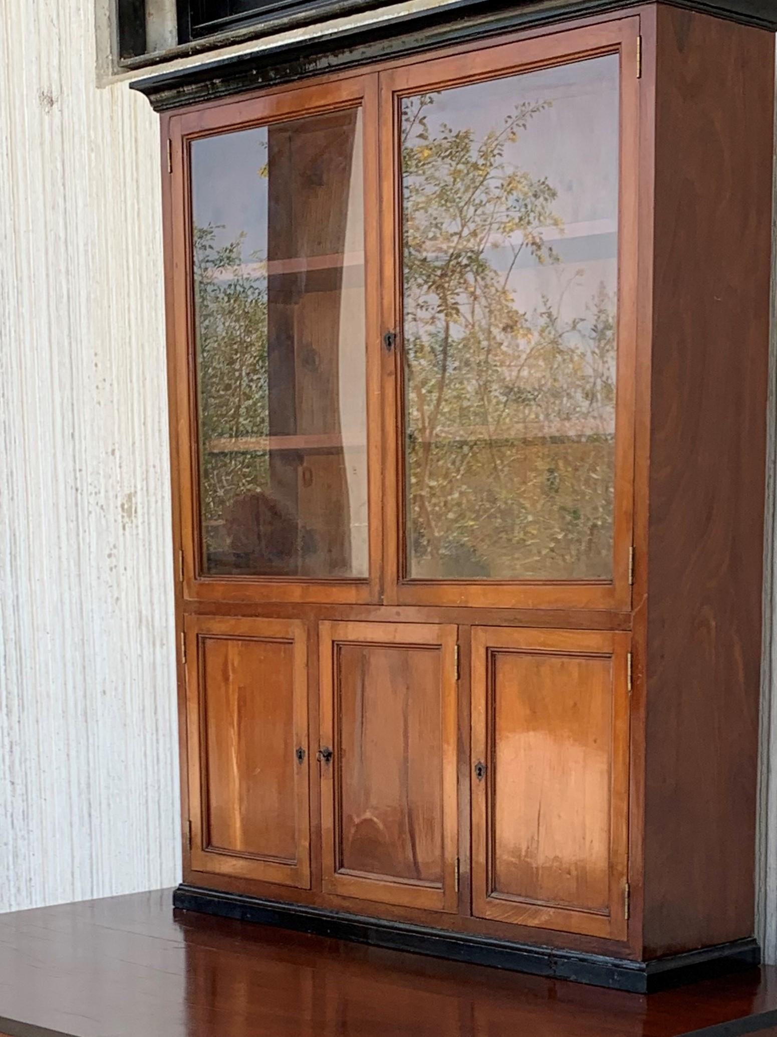 This early (circa 1830) French Provincial plantation style walnut bookcase features an upper part topped by a cornice above two glazed doors opening up to a shelved interior great for either books or display. 

The price includes only the
