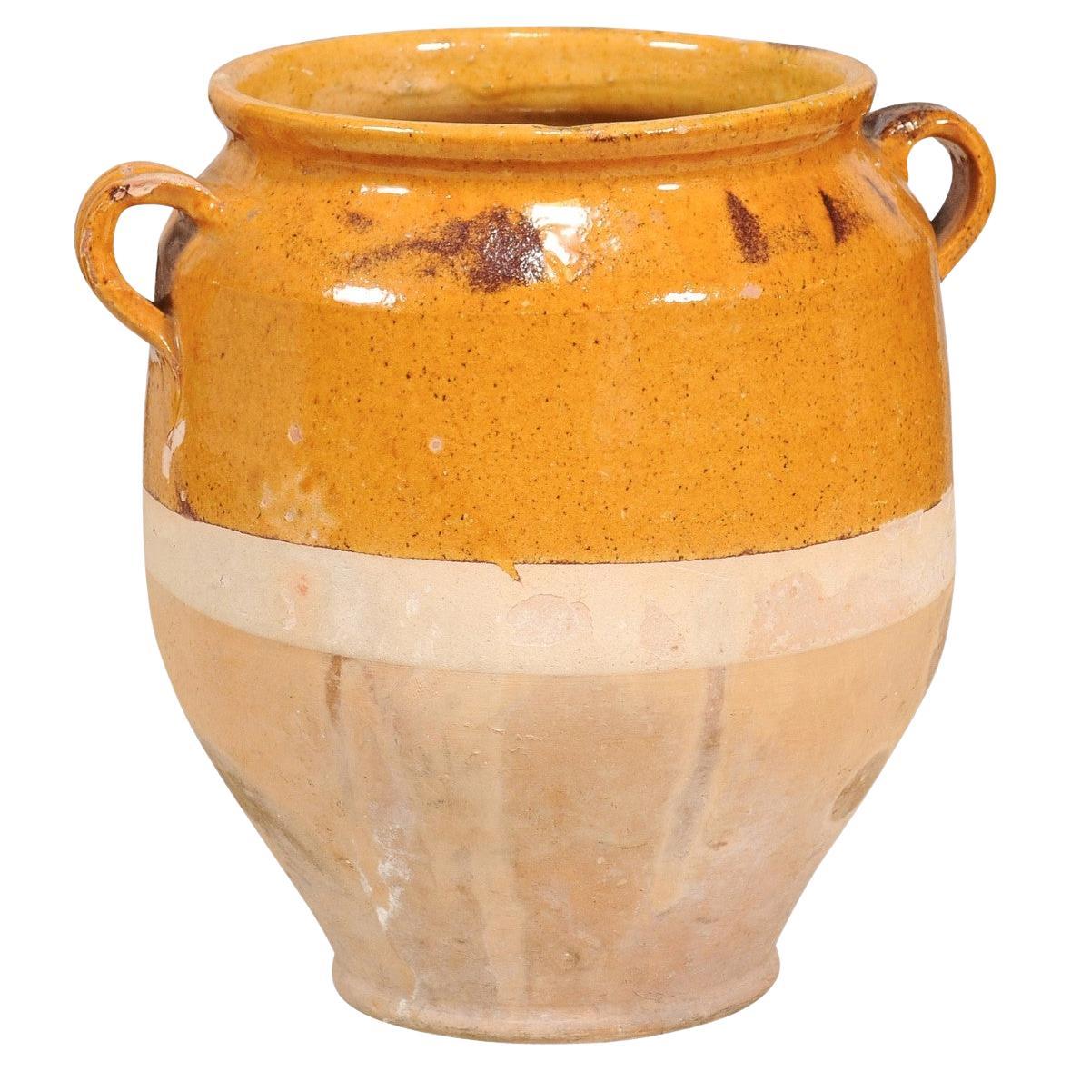 French Provincial Pot à Confit Pottery with Warm Yellow Glaze and Two Handles For Sale