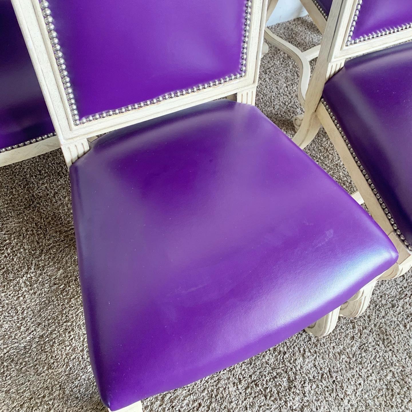 American French Provincial Purple Vinyl and Platted Back Dining Chairs - Set of 4 For Sale