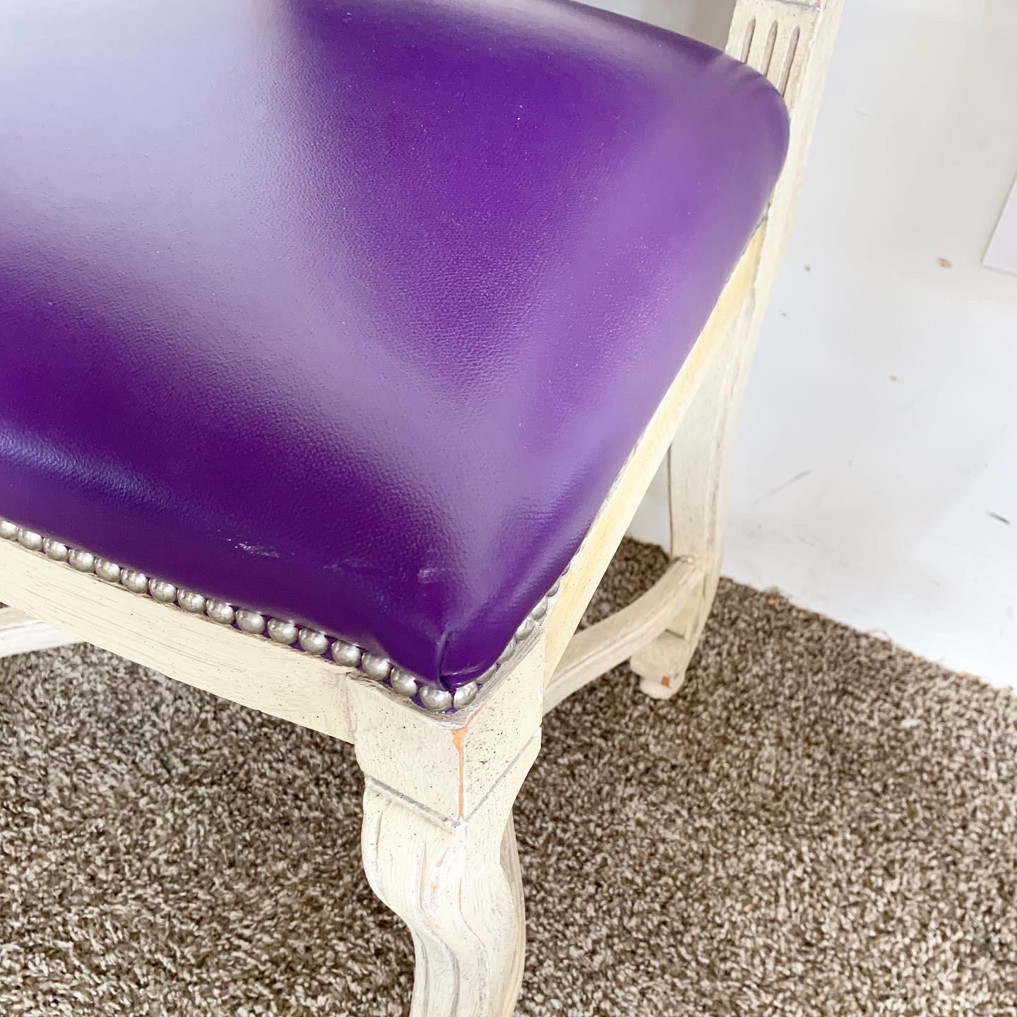 French Provincial Purple Vinyl and Platted Back Dining Chairs - Set of 4 In Good Condition For Sale In Delray Beach, FL