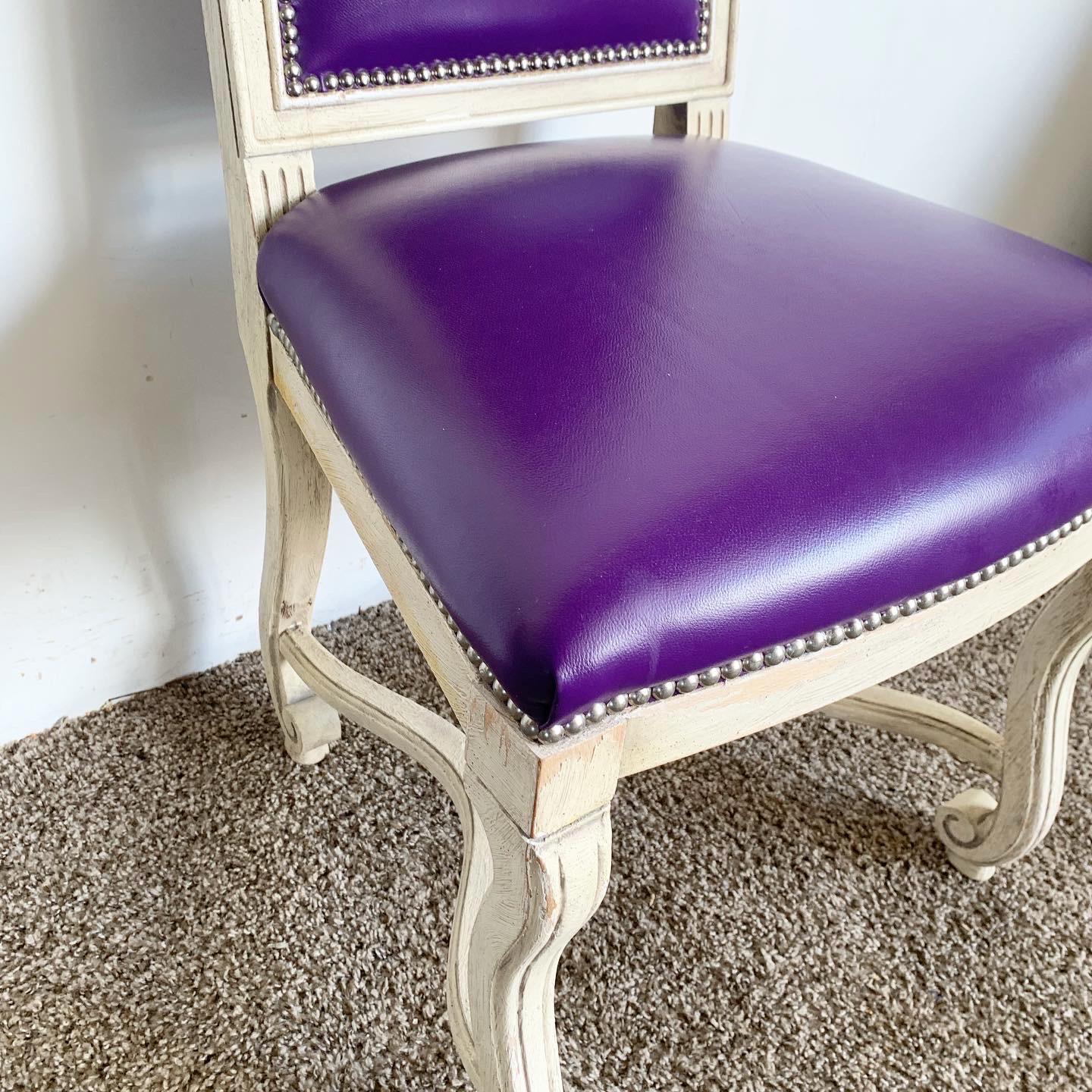 Late 20th Century French Provincial Purple Vinyl and Platted Back Dining Chairs - Set of 4 For Sale