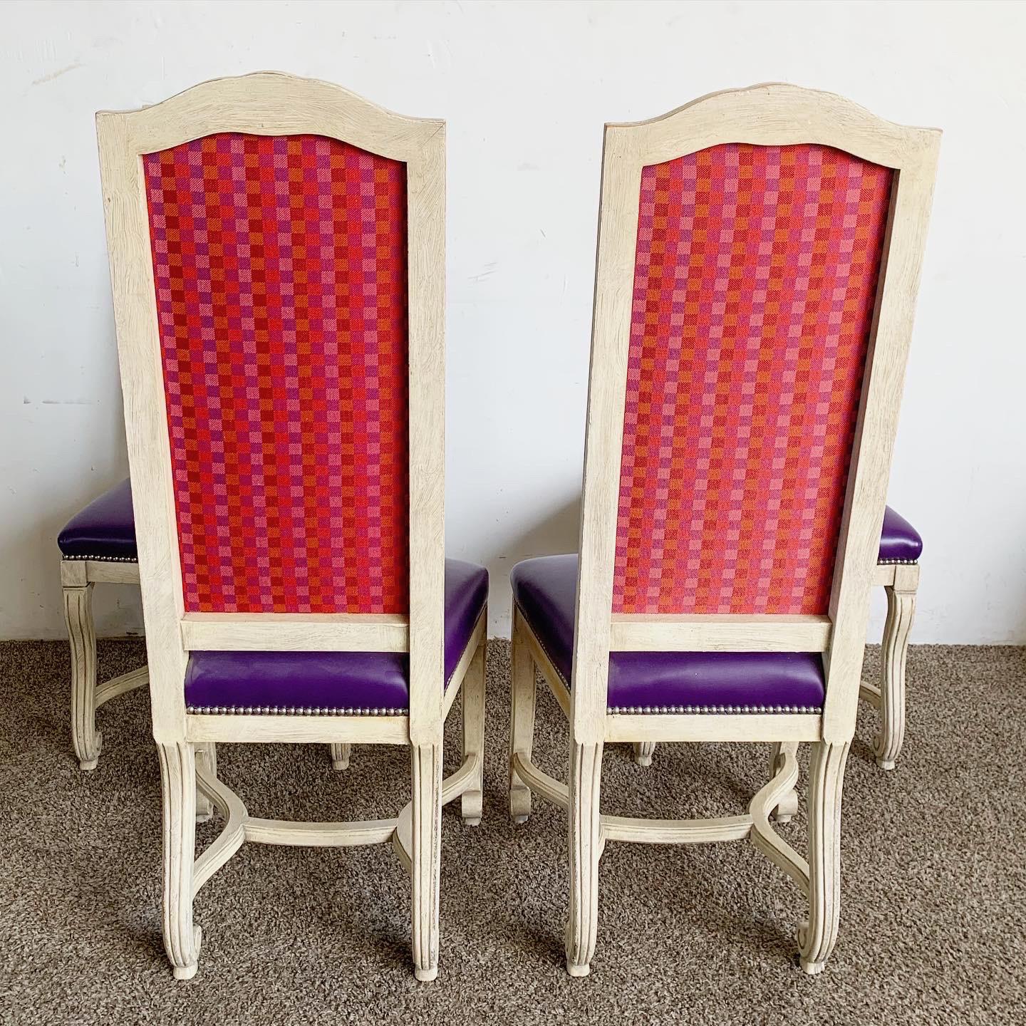 Upholstery French Provincial Purple Vinyl and Platted Back Dining Chairs - Set of 4 For Sale