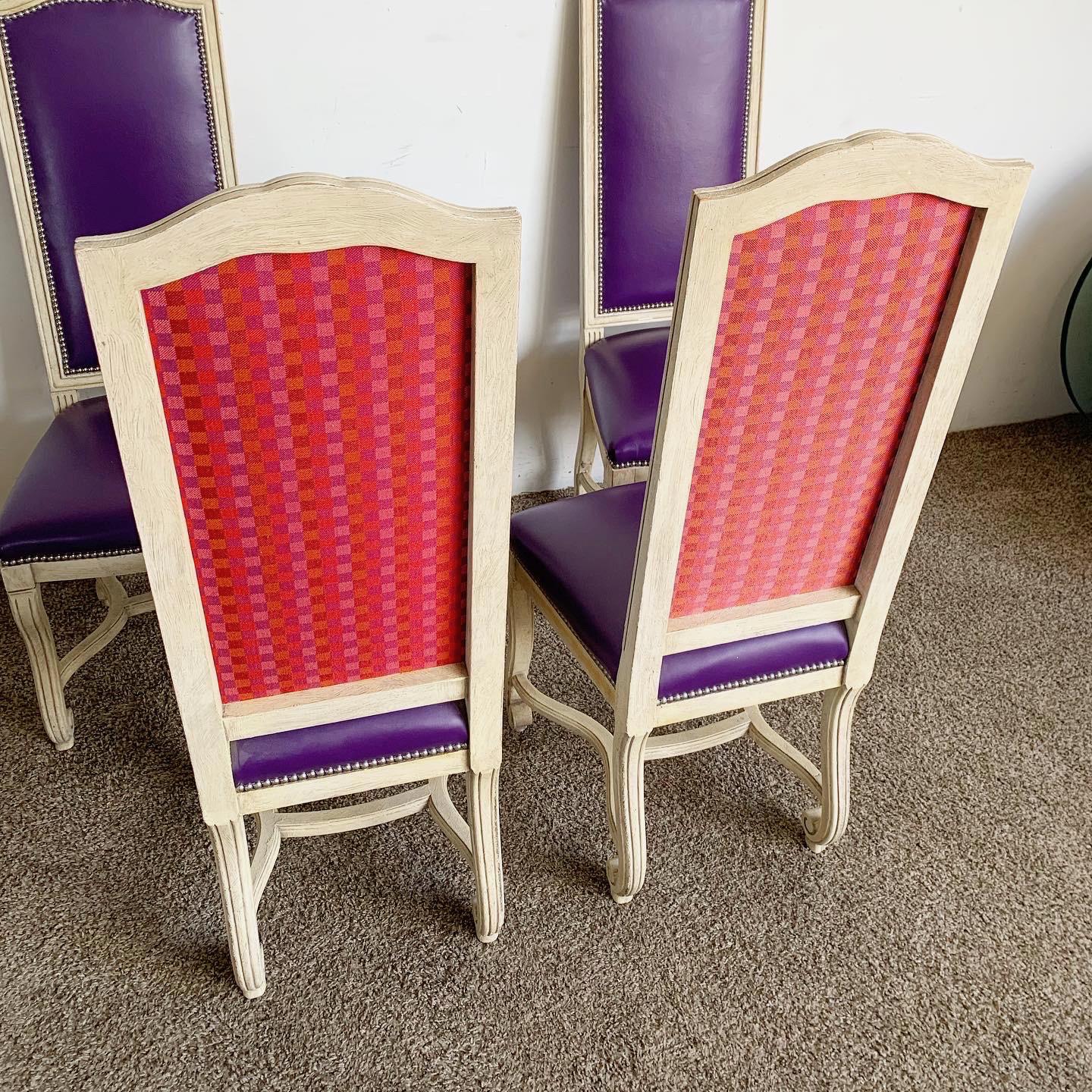 French Provincial Purple Vinyl and Platted Back Dining Chairs - Set of 4 For Sale 2