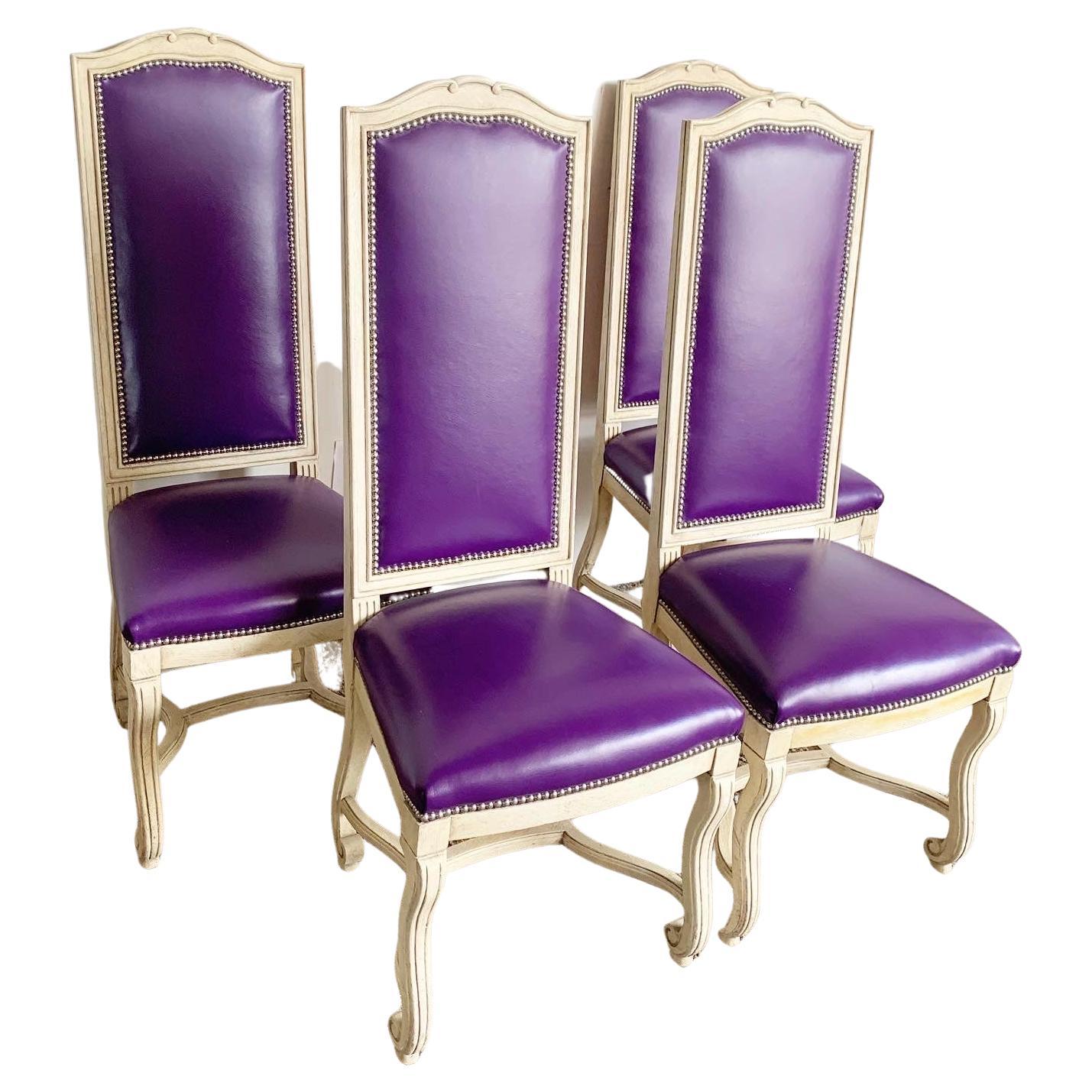 French Provincial Purple Vinyl and Platted Back Dining Chairs - Set of 4 For Sale