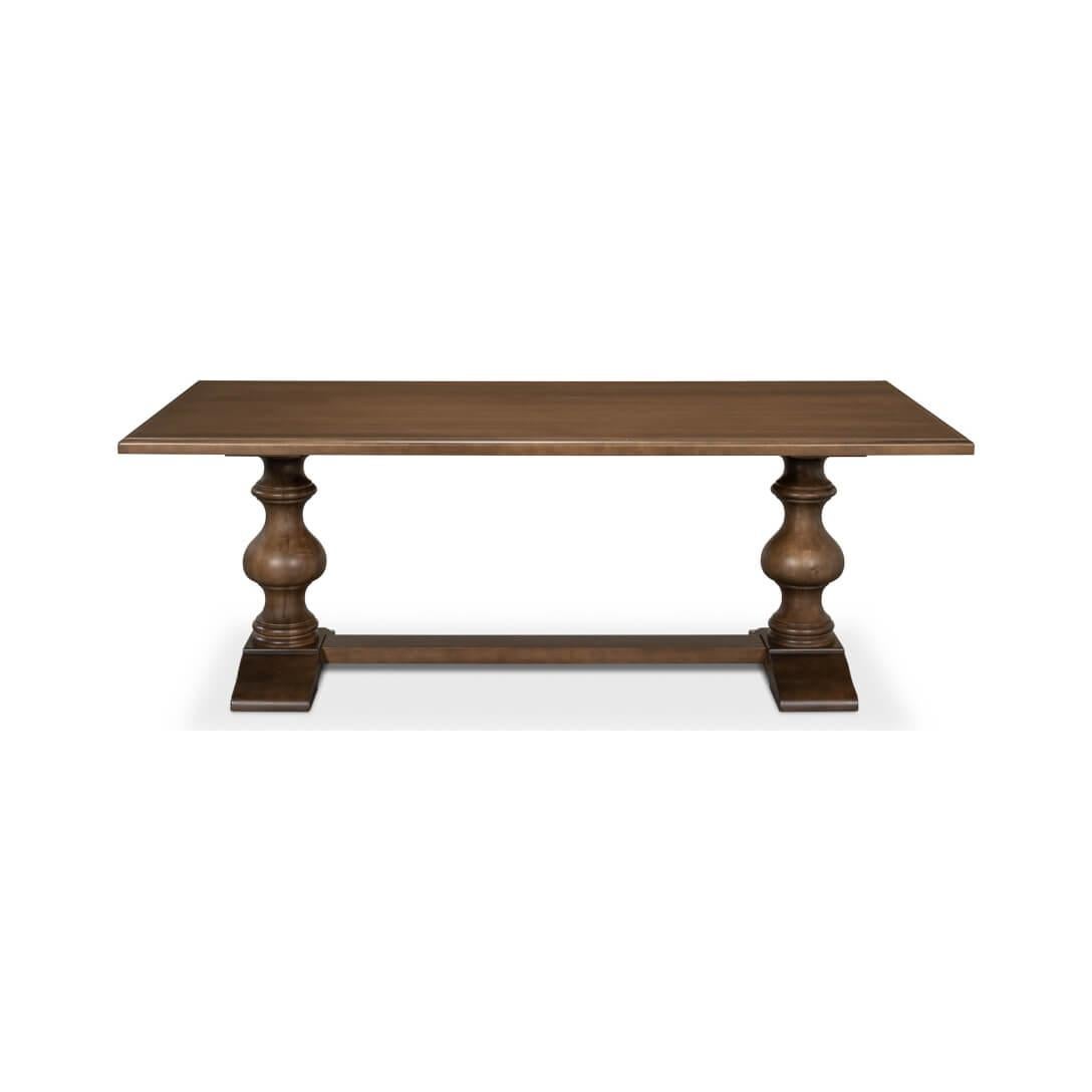 Measuring 84 inches in width, 41 inches in depth, and 30 inches in height, this table stands as a timeless centerpiece in any dining area.

Crafted with a driftwood traditional finish, this table exudes a sense of warmth and elegance, evoking the