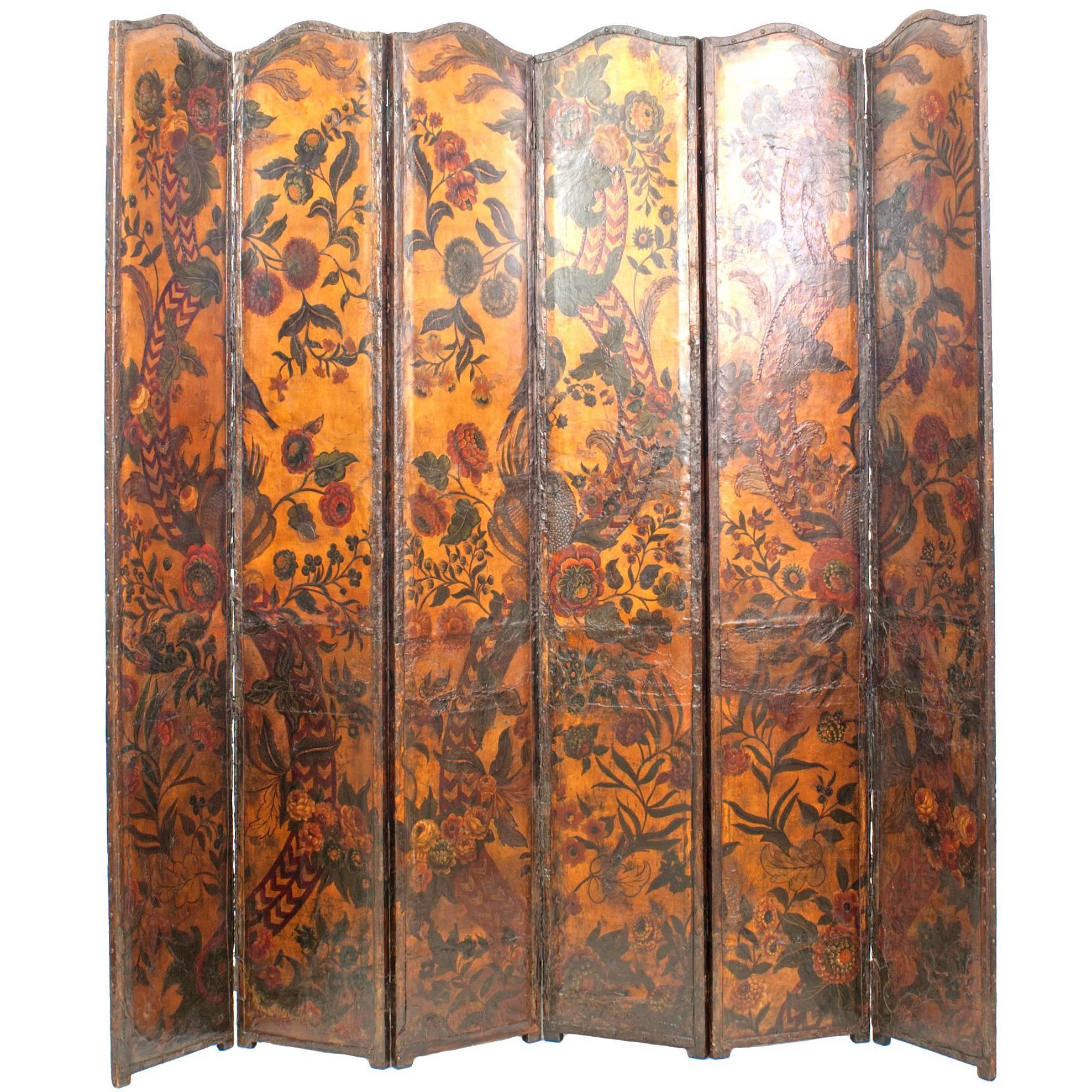 French Provincial 17th Century Renaissance Style Leather Panel Screen