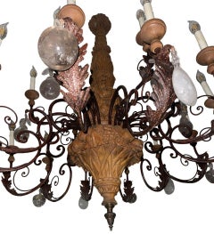 French Provincial Rock Crystal, Wrought Iron & Wood Chandelier. 1940's.