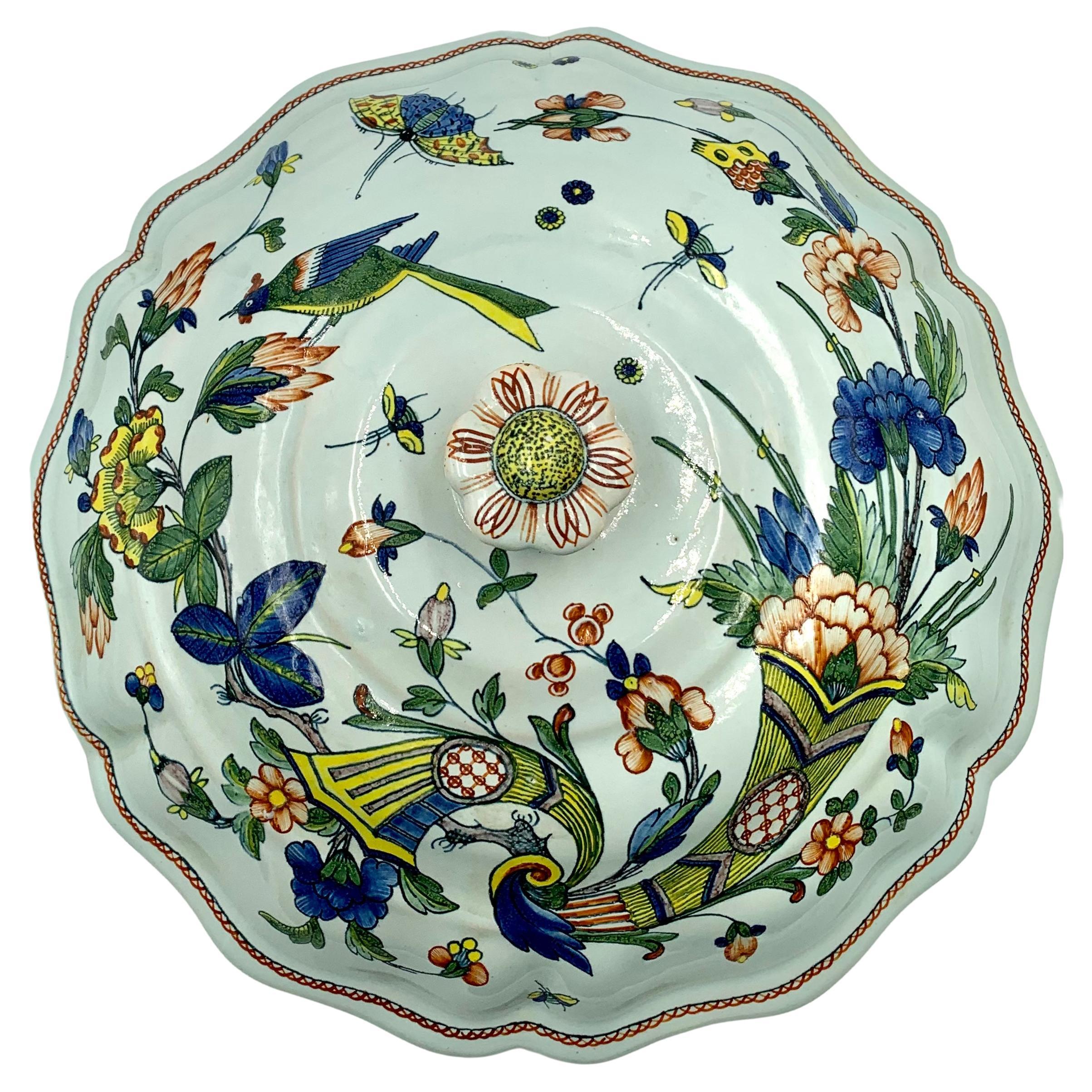 French Provincial Rouen Faience Floral Cornucopia Bird Butterfly Wall Decoration For Sale