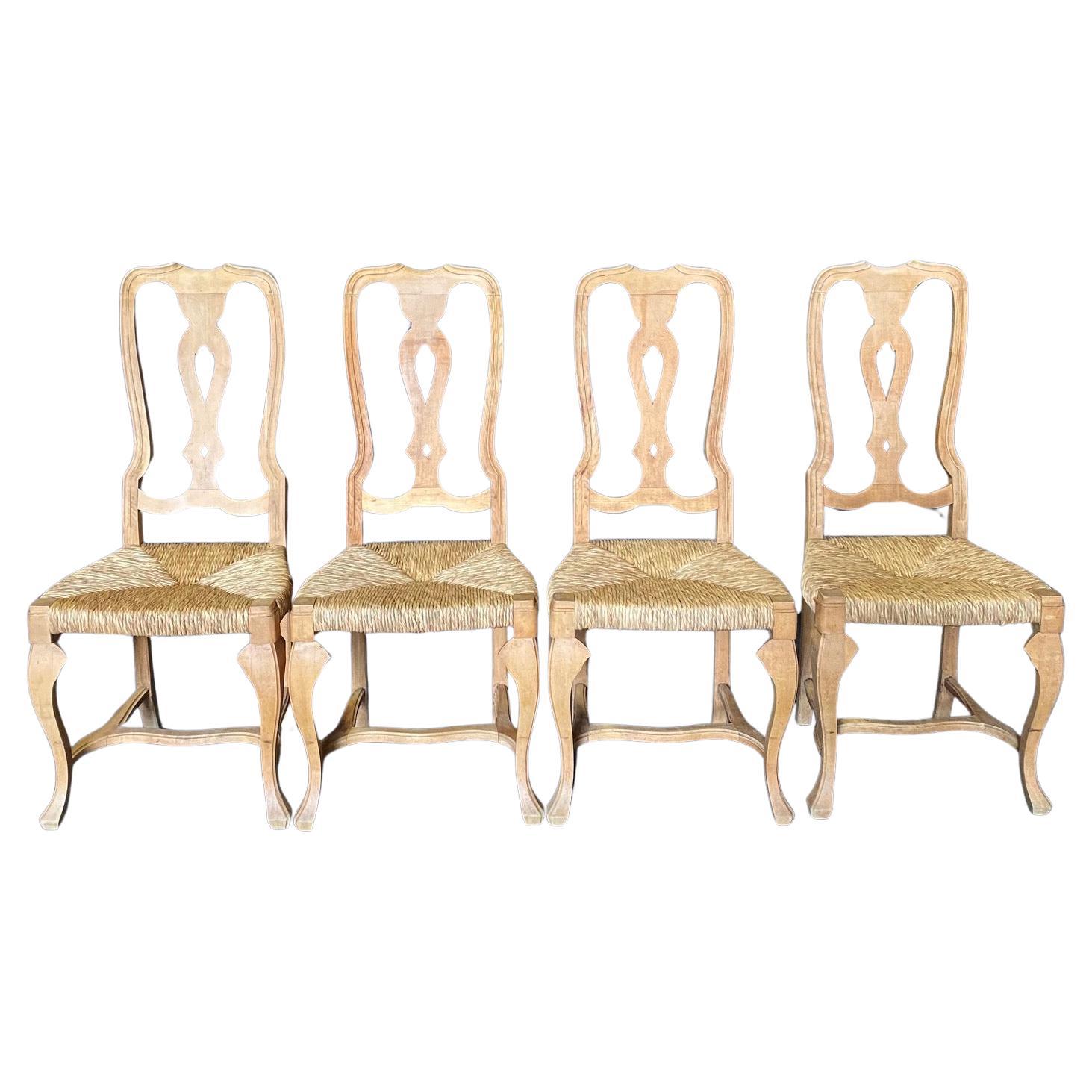 French Provincial Set of 4 Dining Chairs with Pierced Back Splat and Rush Seats For Sale