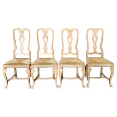 Vintage French Provincial Set of 4 Dining Chairs with Pierced Back Splat and Rush Seats