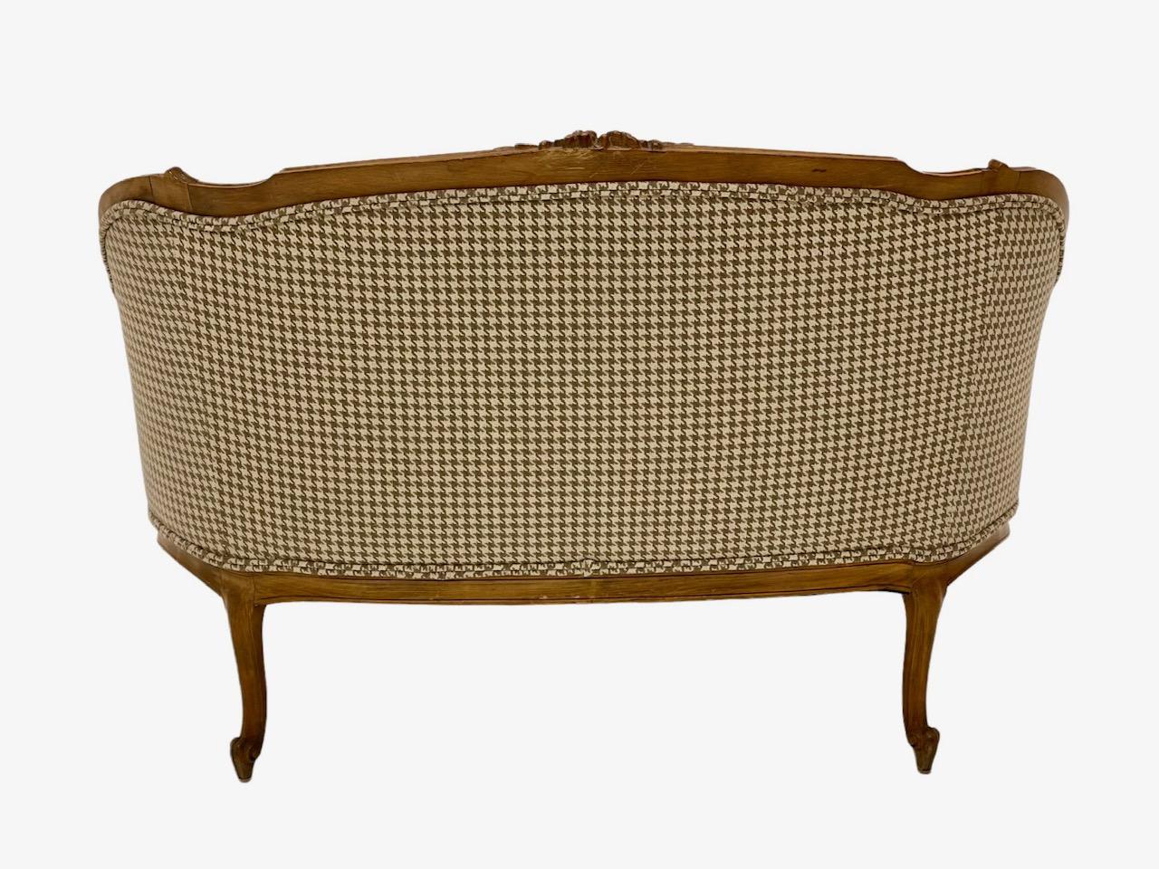 American French Provincial Settee in Houndstooth Pattern Fabric