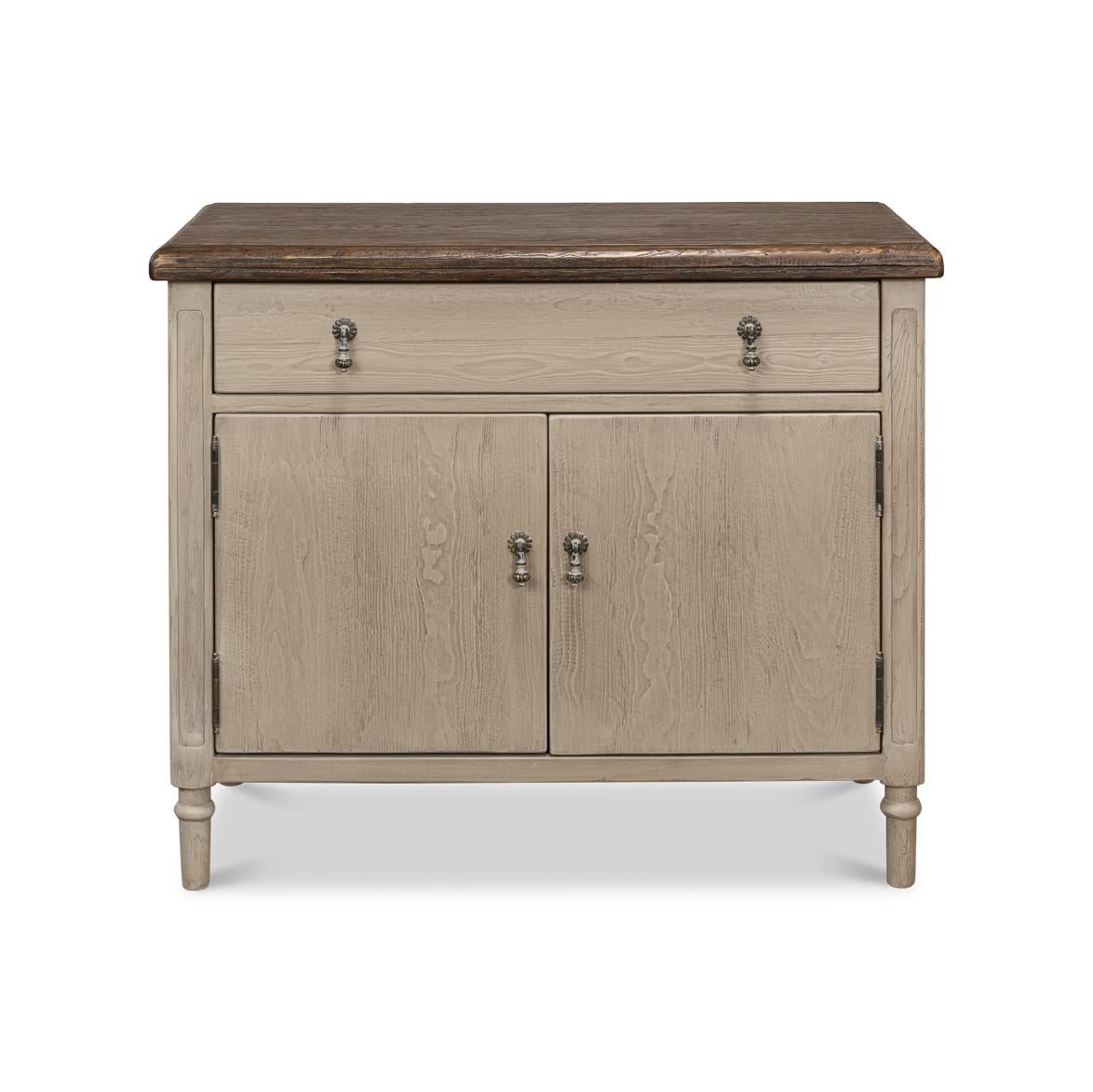 The perfect addition to any elegant and sophisticated living space, this beautiful piece boasts a natural finish oak top with a molded edge, creating a sleek and refined look. The top is contrasted by a soft grey painted base that adds a touch of