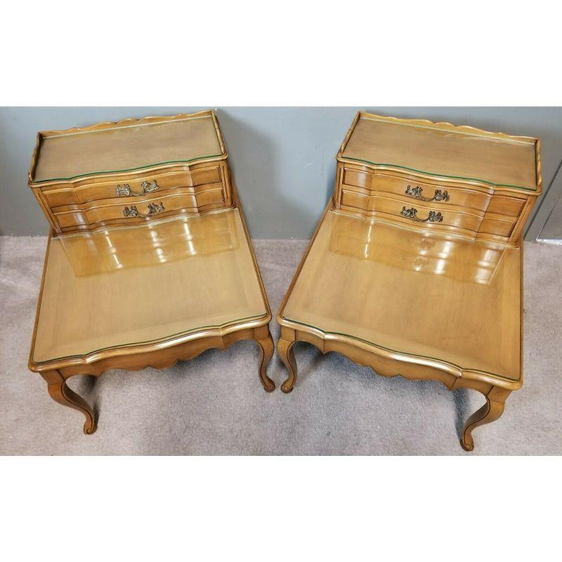 Offering one of our recent palm beach estate fine furniture acquisitions of a
vintage pair of french provincial cherry wood end tables nightstands w glass by White Furniture Co

Featuring: Custom Cut Scalloped Glass on both tiers, cabriolet legs