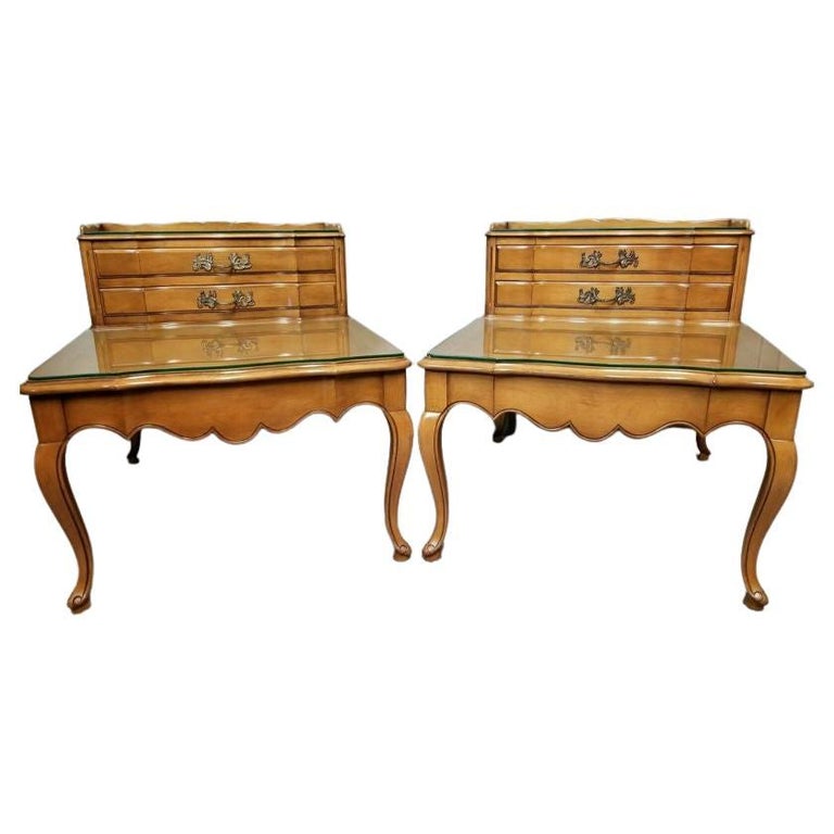 French Provincial Side End Tables W Glass Tops by White Furniture Co