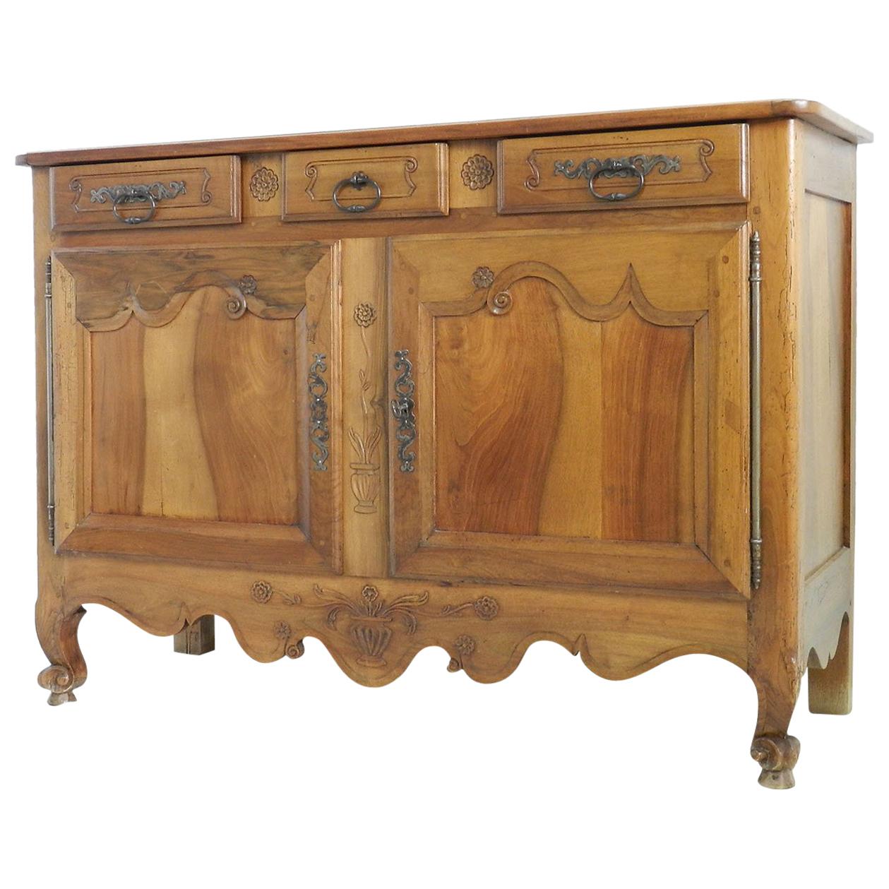 French Provincial Sideboard Buffet Artisan Vintage Country House Carved Walnut For Sale
