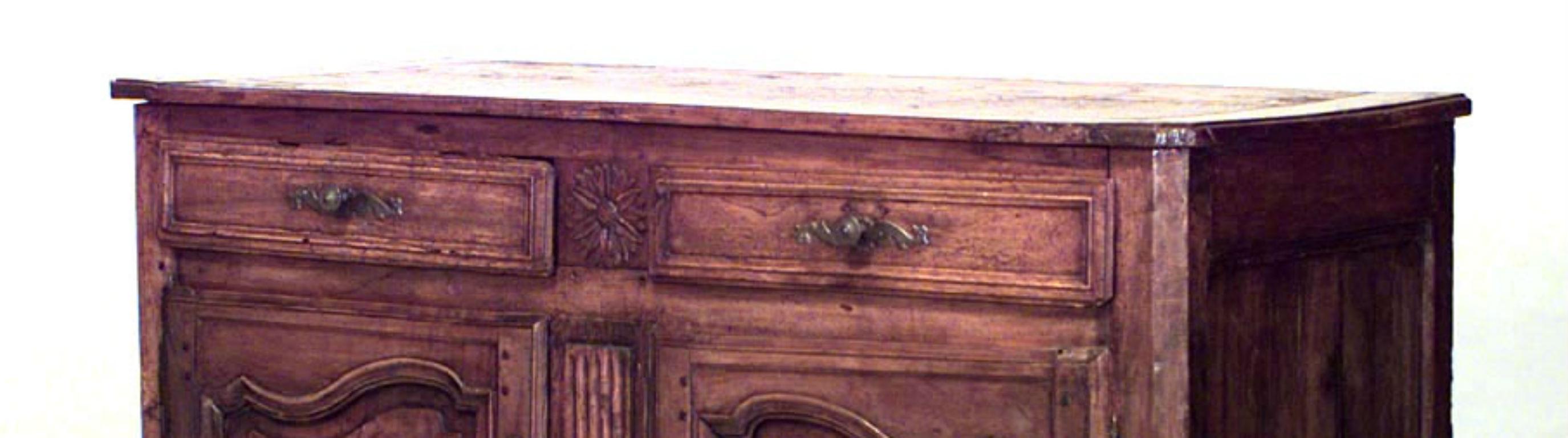 French Provincial (18th-19th century) walnut two-drawer sideboard cabinet with two doors.
 