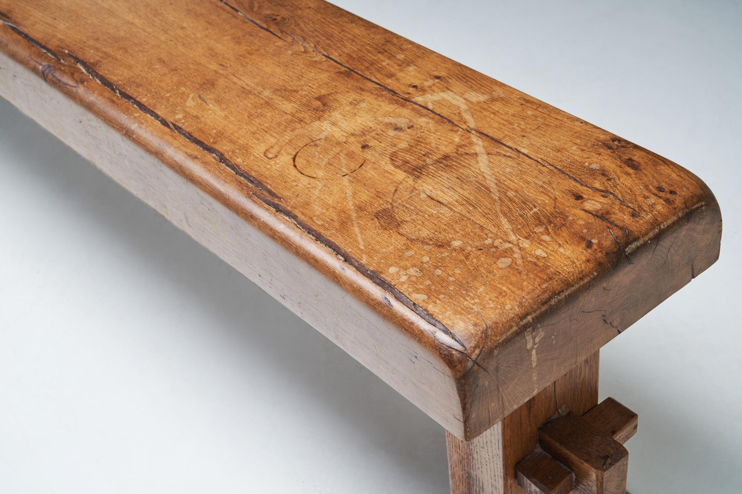 French Provincial Solid Oak Bench, France, 1920s 7