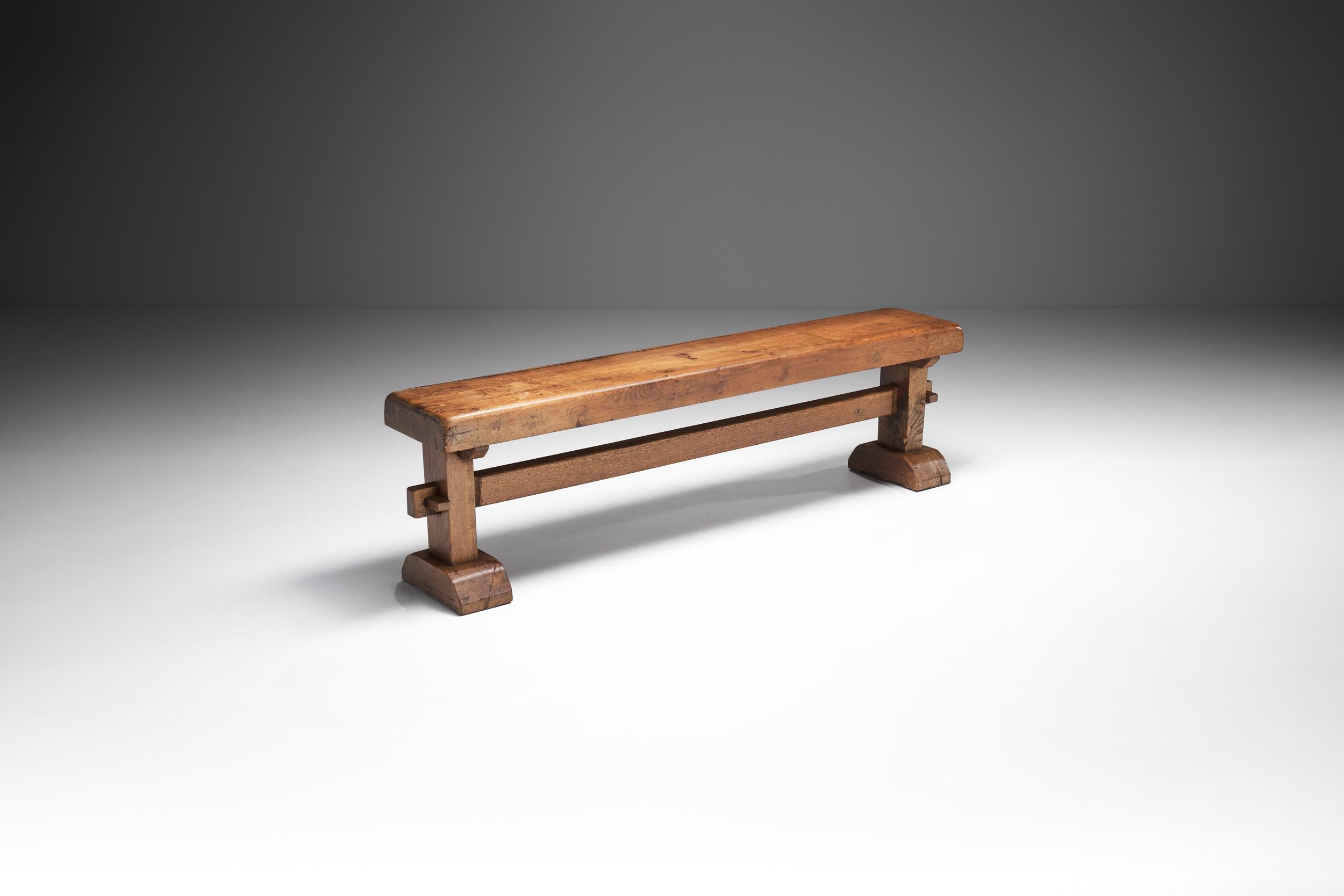Early 20th Century French Provincial Solid Oak Bench, France, 1920s
