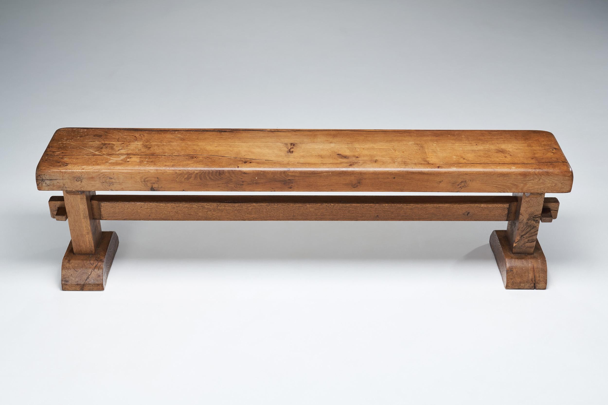 French Provincial Solid Oak Bench, France, 1920s 1