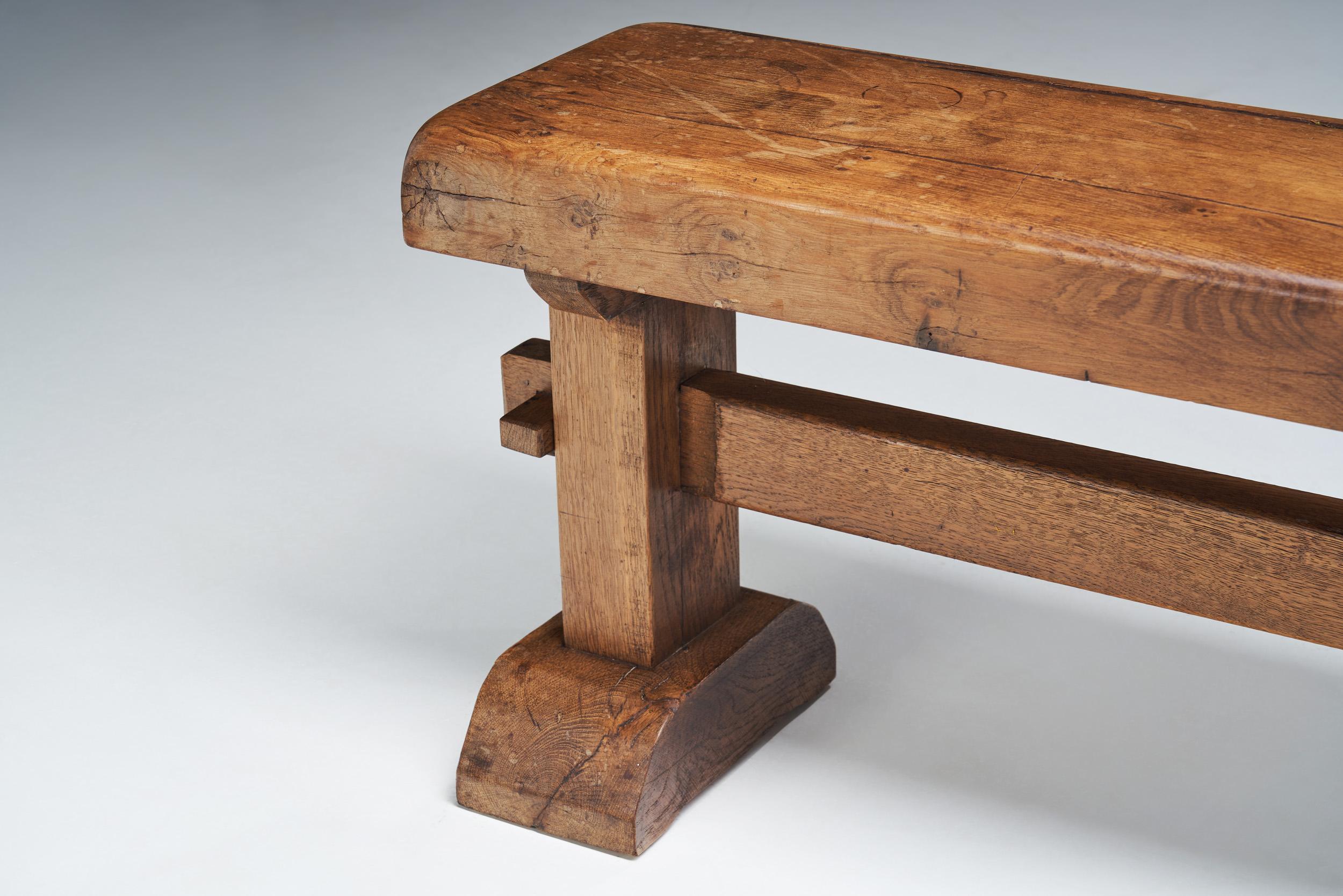 French Provincial Solid Oak Bench, France, 1920s 3