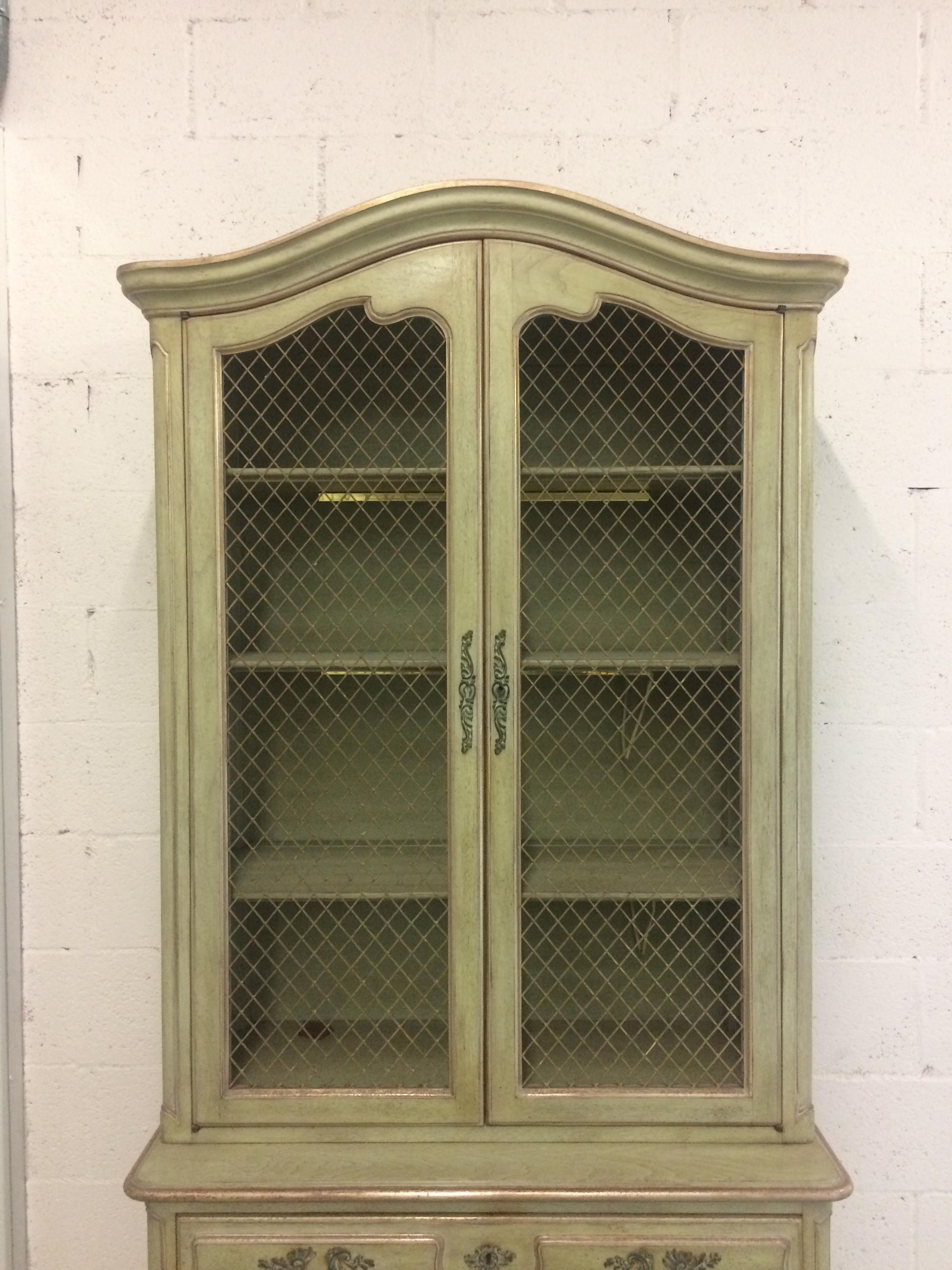 French Provincial Stepback Cupboard with Wire Mesh In Good Condition In West Palm Beach, FL