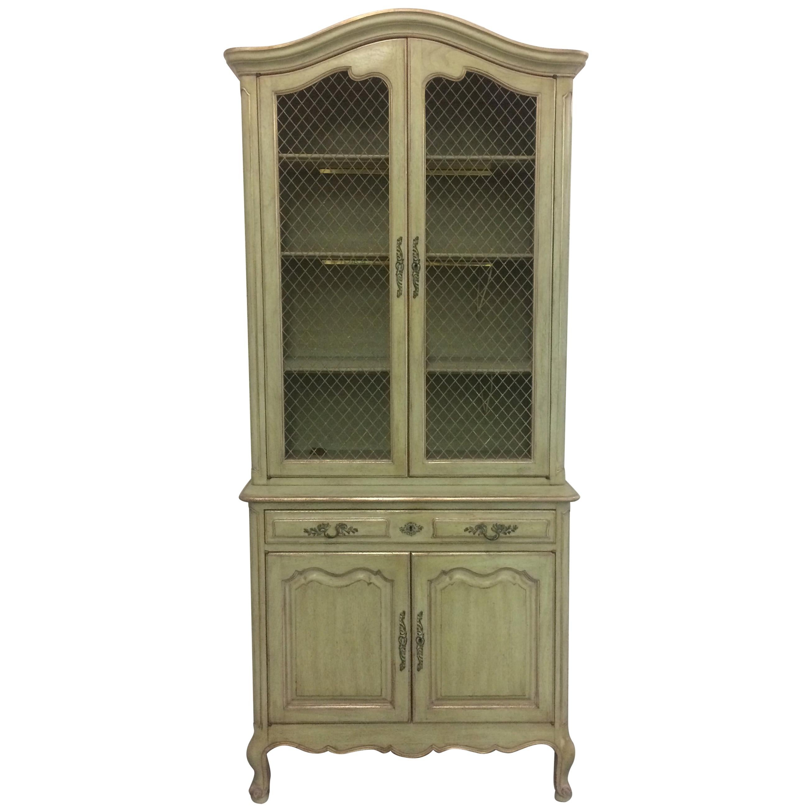 French Provincial Stepback Cupboard with Wire Mesh