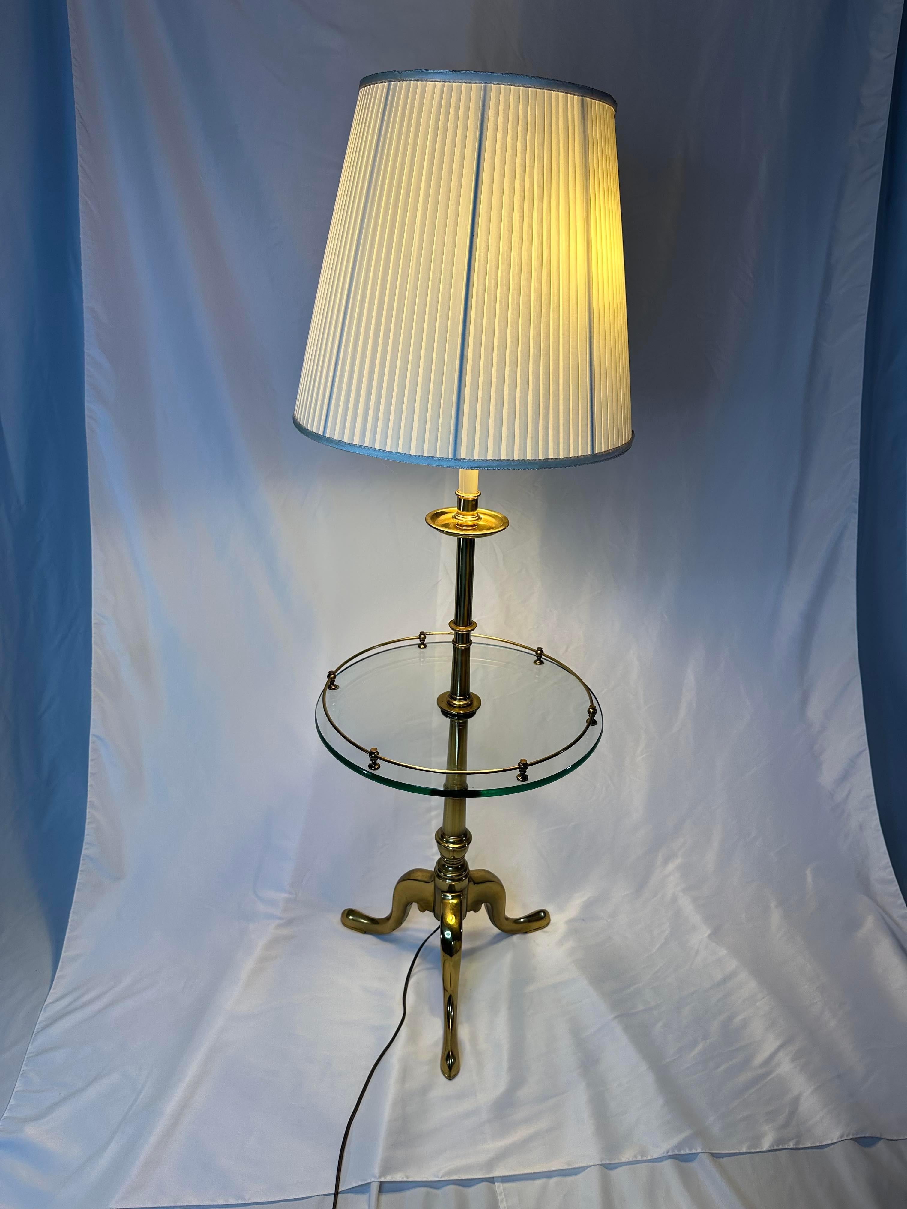 Brass French Provincial Stiffel Floor Lamp With Glass Table and tripod legs For Sale