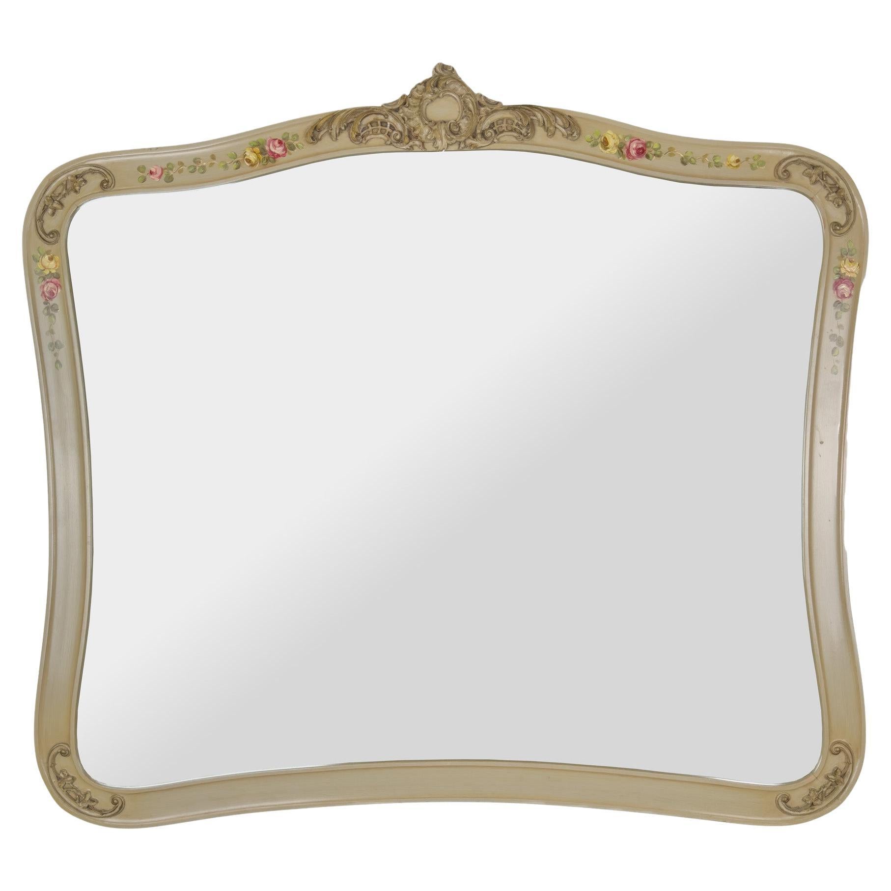 Miroir mural ou de cheminée de style provincial français beige peint à la main à motifs floraux en vente
