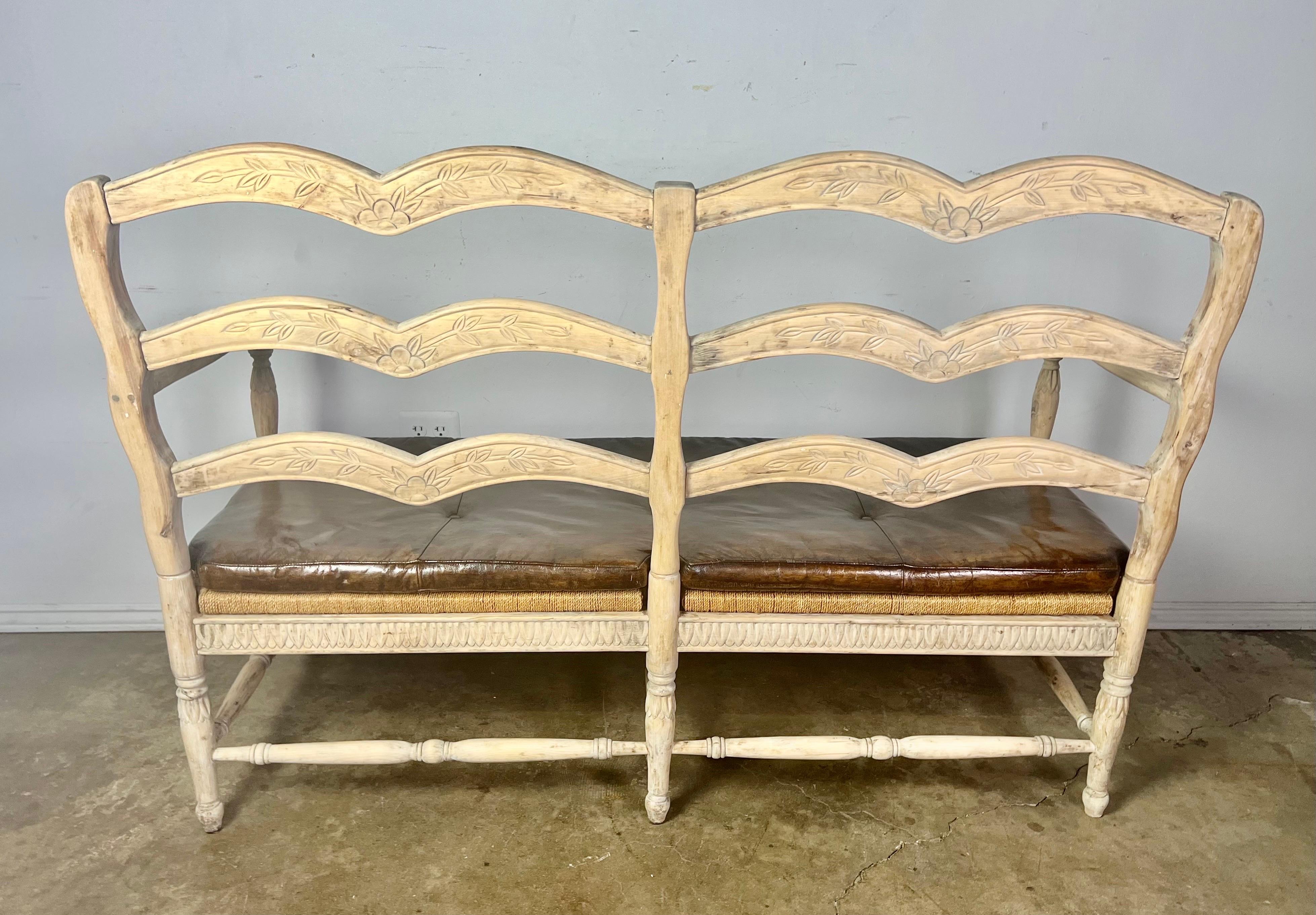 French Provincial Style Bench w/ Rush Seat & Leather Cushion For Sale 6